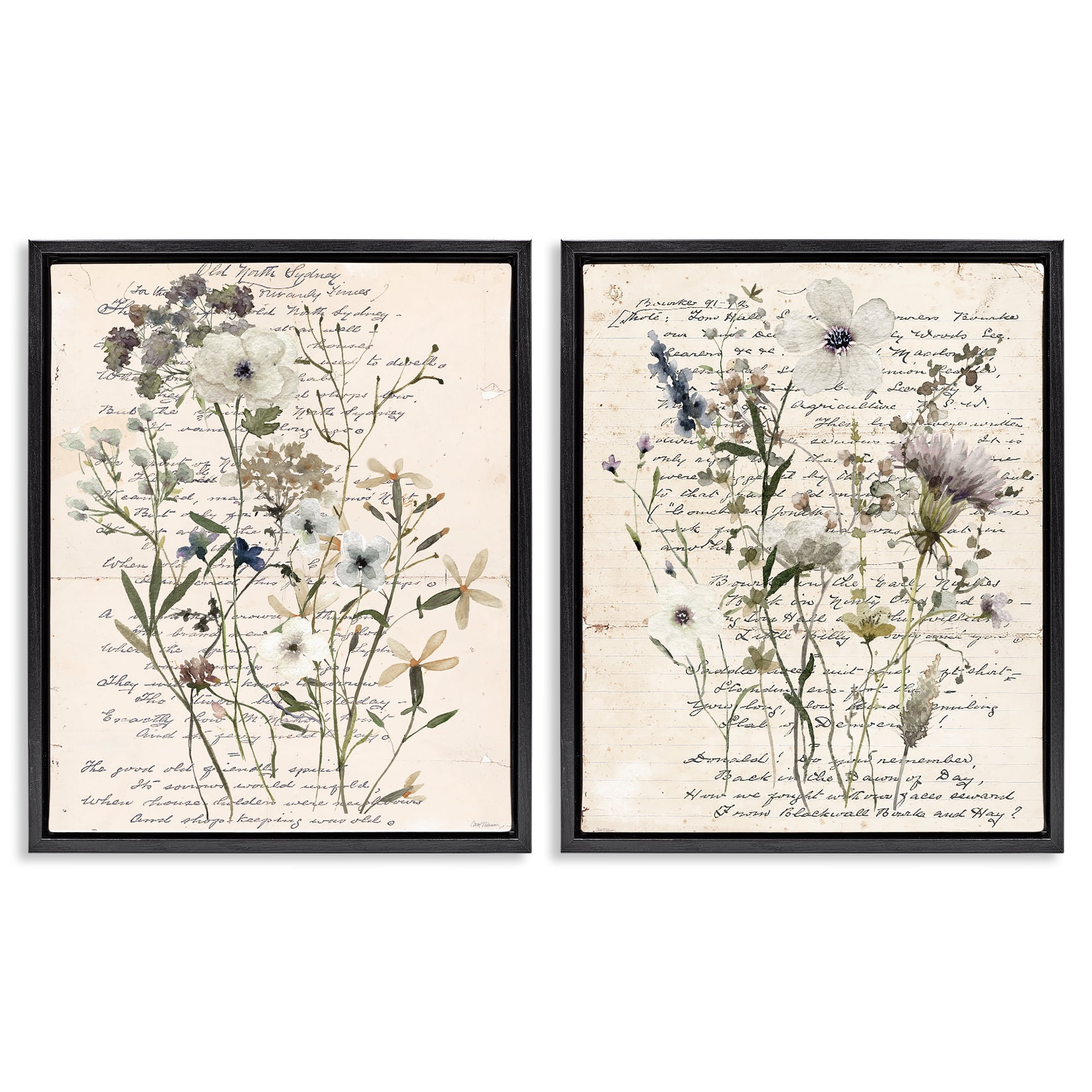 Stupell Industries Vintage Letters with Botanicals Plants & Flowers Painting Black Floater Framed Canvas Art Print Wall Art, 31 x 25, Set of 2