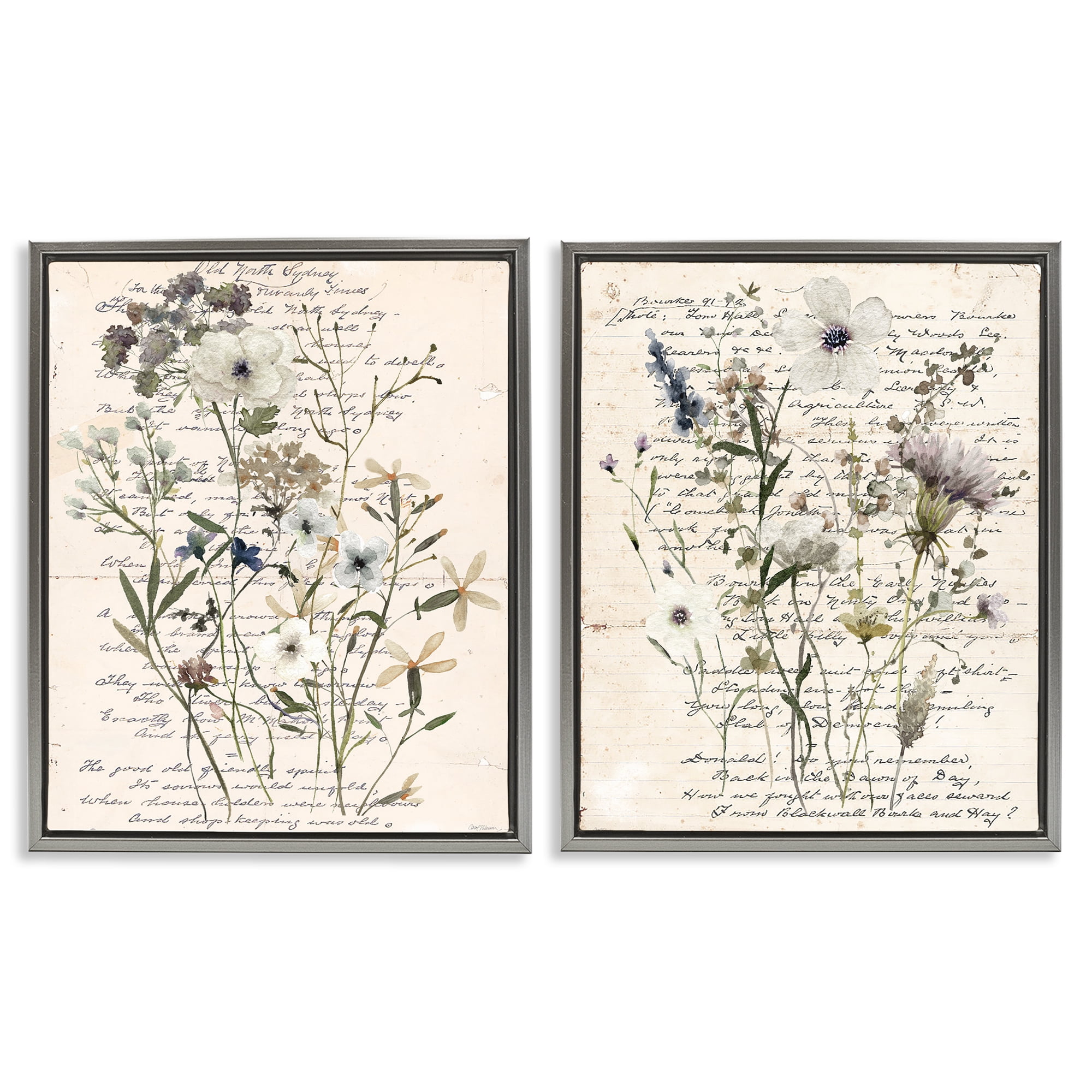 Stupell Industries Vintage Letters with Botanicals Plants & Flowers Painting Gray Floater Framed Canvas Art Print Wall Art, 31 x 25, Set of 2