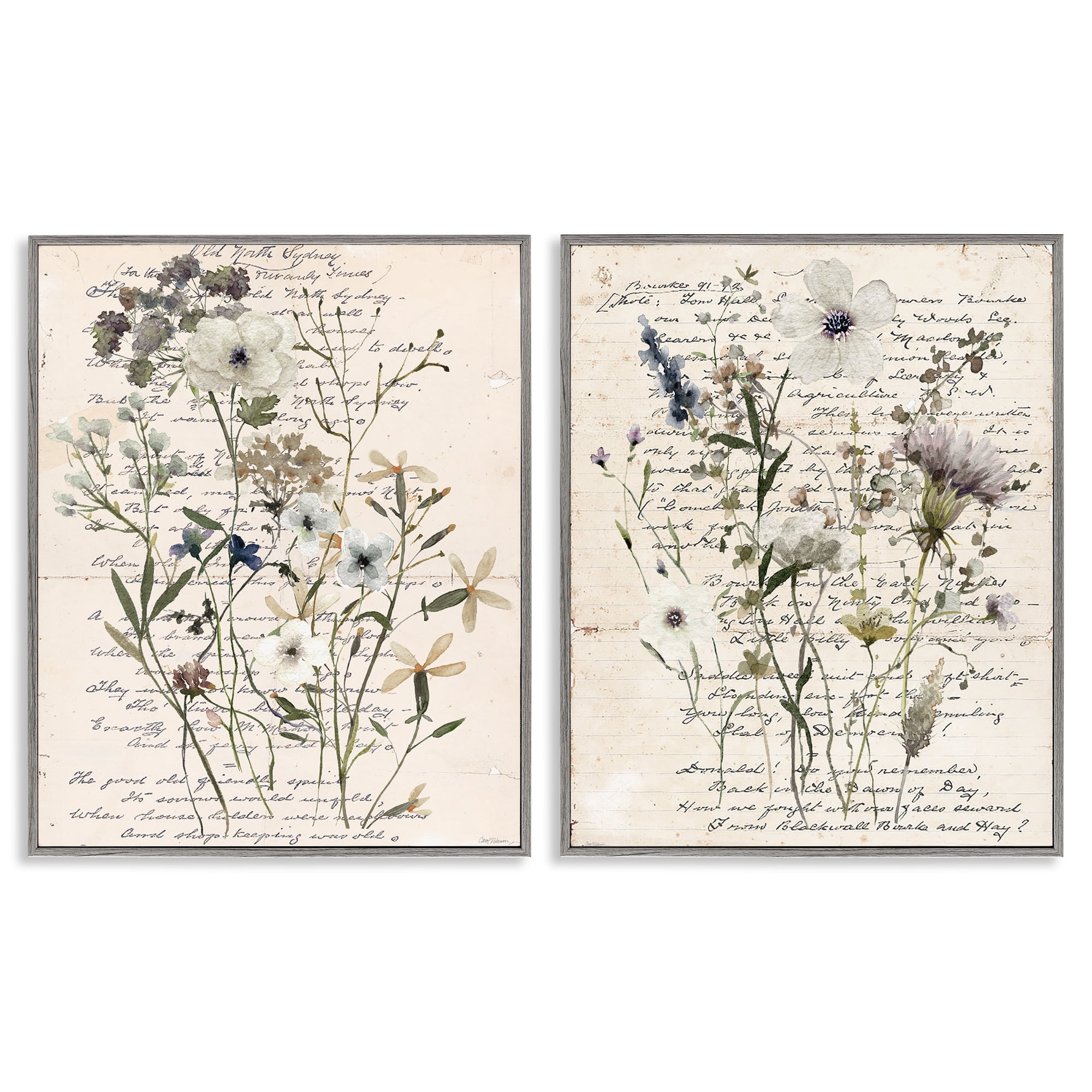 Stupell Industries Vintage Letters with Botanicals Plants & Flowers Painting Gray Framed Art Print Wall Art, 24 x 30, Set of 2