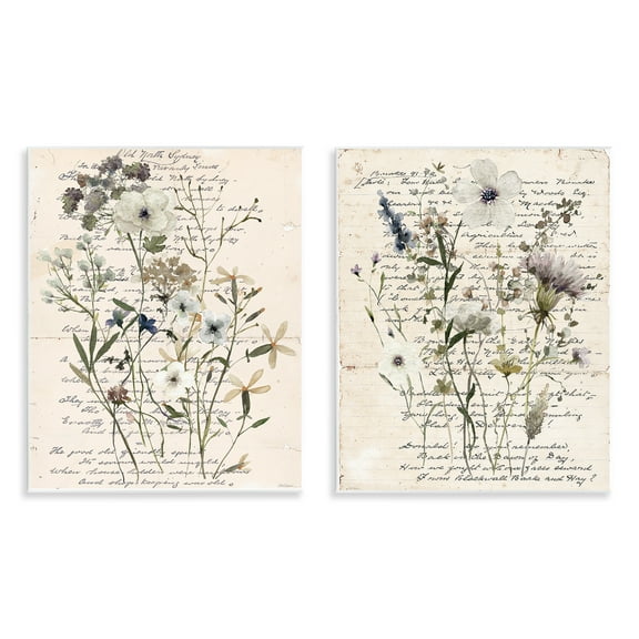 Stupell Industries Vintage Letters with Botanicals Plants & Flowers Painting Unframed Art Print Wall Art, 11 x 14, Set of 2
