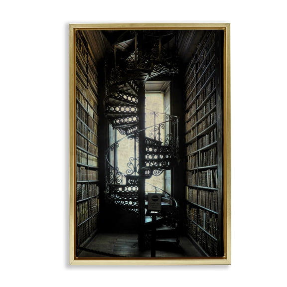 Stupell Industries Vintage Library Spiral Stairs Buildings & Architecture Painting Gold Floater Framed Canvas Art Print Wall Art, 17 x 25