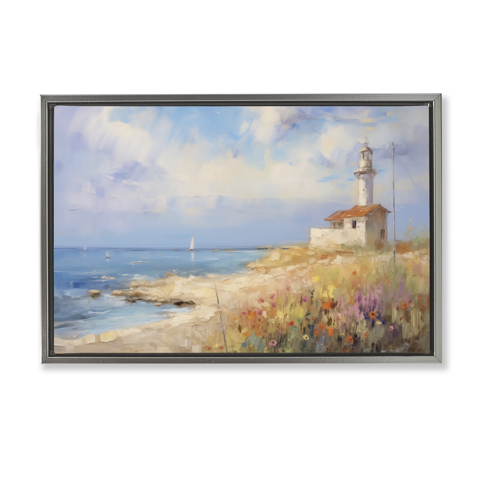 Stupell Industries Vintage Lighthouse View Landscape & Nature Painting Gray Floater Framed Canvas Art Print Wall Art, 25 x 17