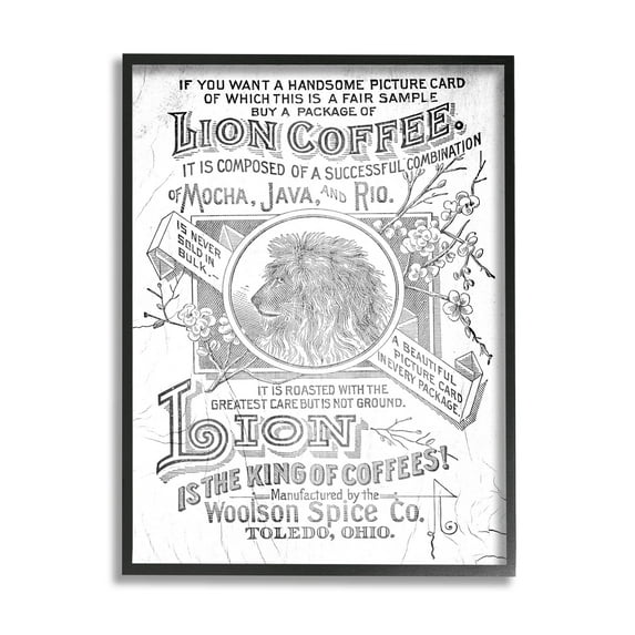 Stupell Industries Vintage Lion Coffee Poster Graphic Art Black Framed Art Print Wall Art, Design by Lil' Rue