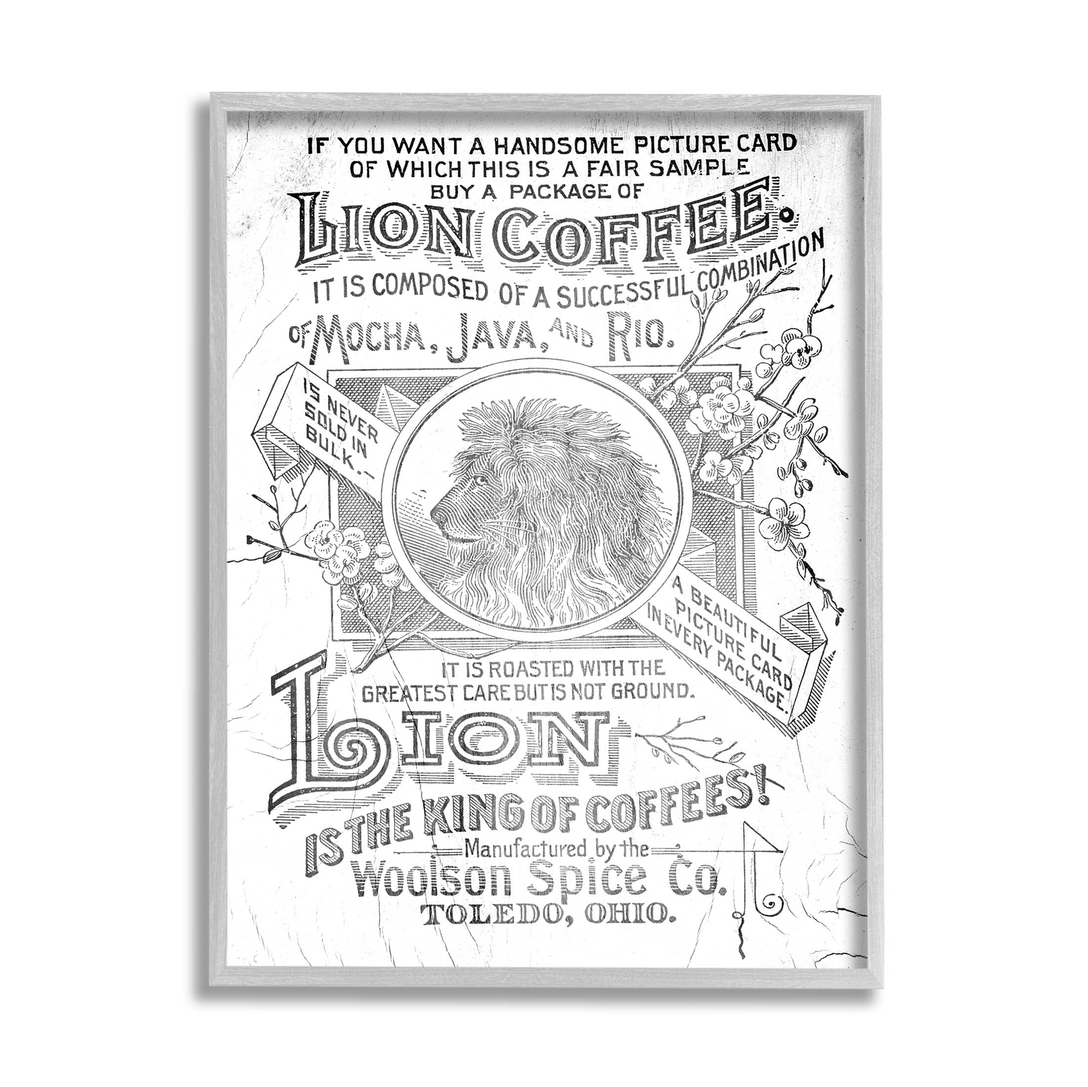 Stupell Industries Vintage Lion Coffee Poster Graphic Art Gray Framed Art Print Wall Art, Design by Lil' Rue