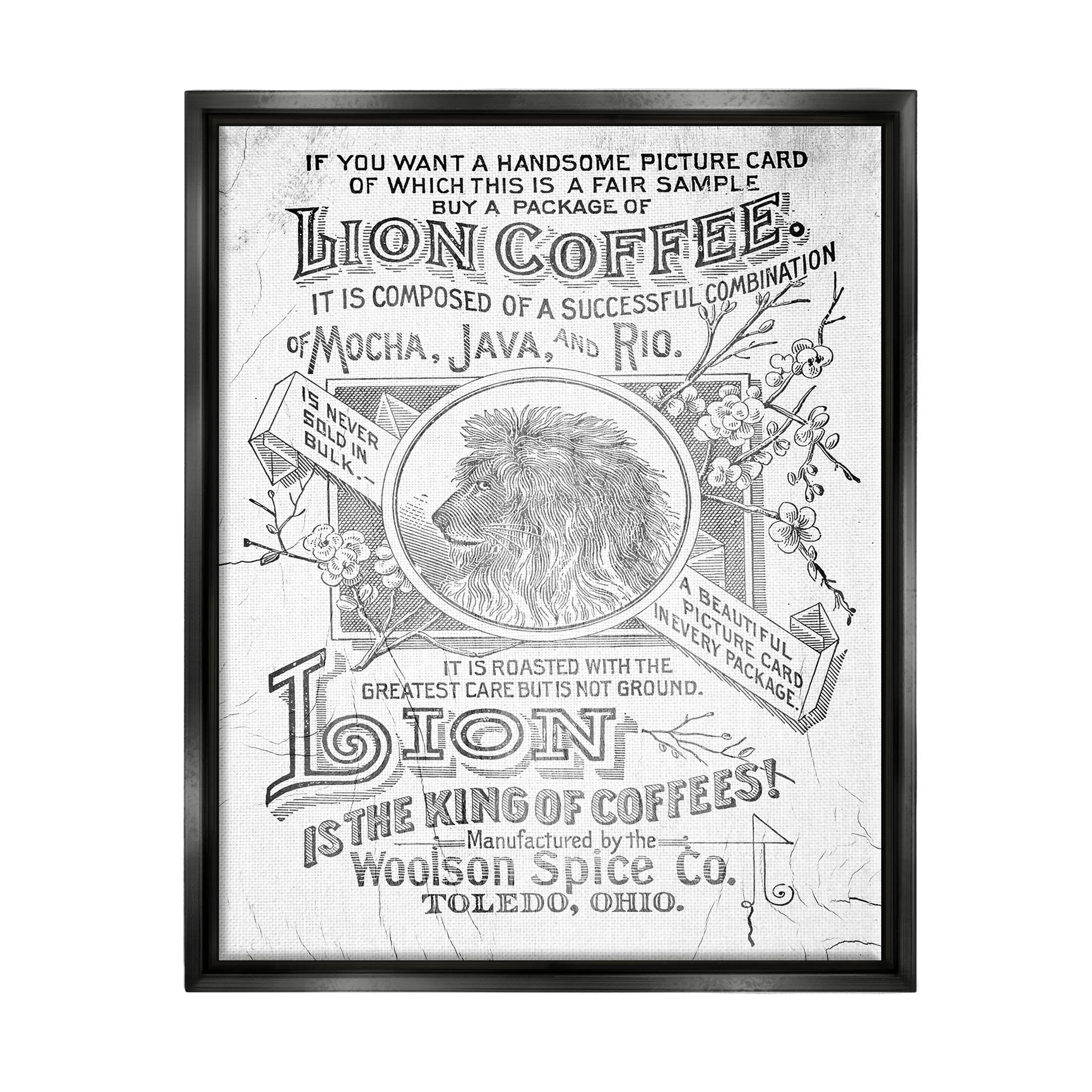 Stupell Industries Vintage Lion Coffee Poster Graphic Art Jet Black Floating Framed Canvas Print Wall Art, Design by Lil' Rue