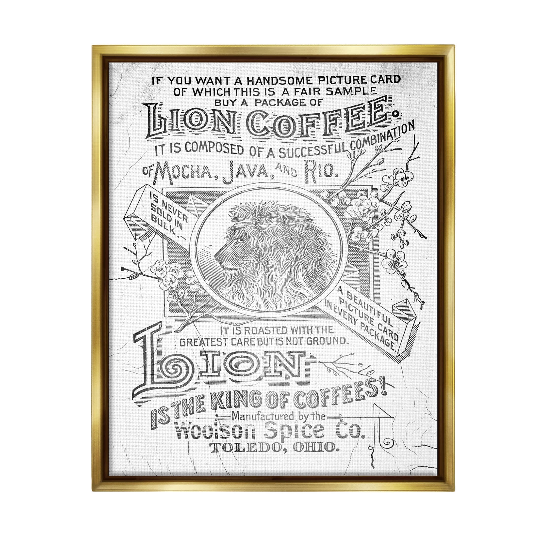 Stupell Industries Vintage Lion Coffee Poster Graphic Art Metallic Gold Floating Framed Canvas Print Wall Art, Design by Lil' Rue