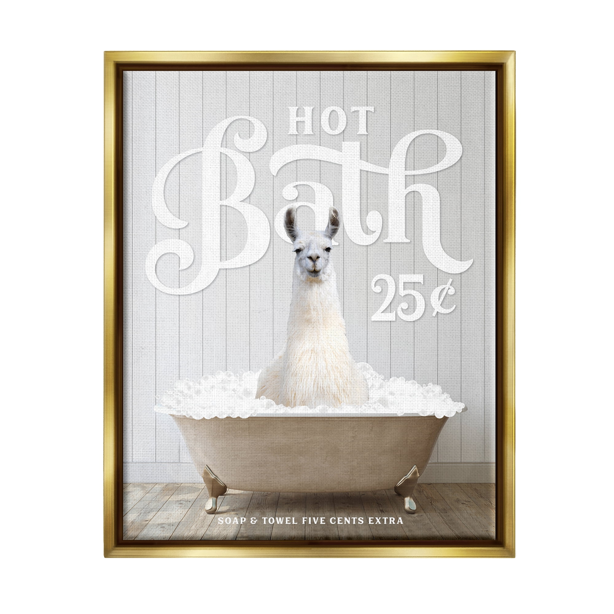 Stupell Industries Vintage Llama in Bath Animals & Insects Painting Gold Floater Framed Art Print Wall Art, 17 x 21