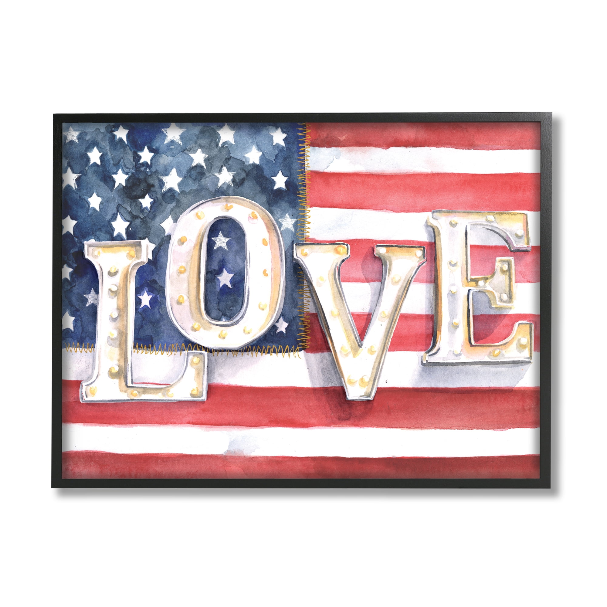 Stupell Industries Vintage Love Text Over Stitched American Flag Inspirational Painting Black Framed Art Print Wall Art, 11 x 14