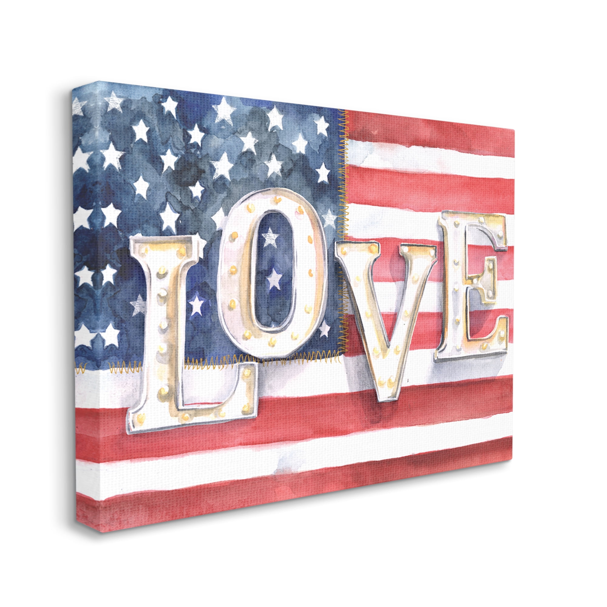 Stupell Industries Vintage Love Text Over Stitched American Flag Inspirational Painting Gallery Wrapped Canvas Art Print Wall Art, 24 x 30