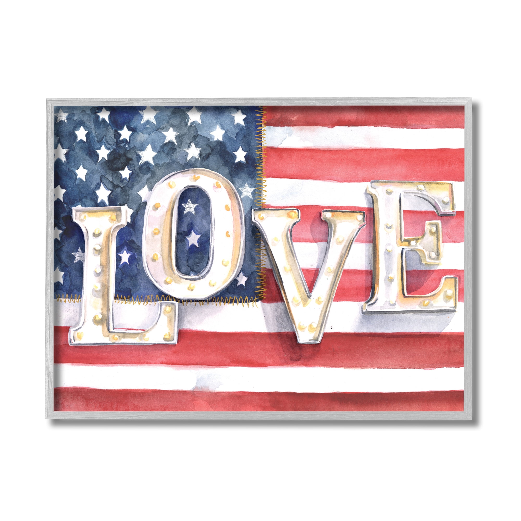 Stupell Industries Vintage Love Text Over Stitched American Flag Inspirational Painting Gray Framed Art Print Wall Art, 11 x 14