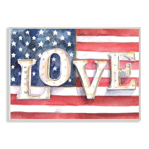 Stupell Industries Vintage Love Text Over Stitched American Flag Inspirational Painting Unframed Art Print Wall Art, 10 x 15