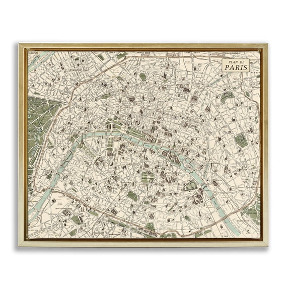Stupell Industries Vintage Map of Paris Map Painting Gold Floater Framed Canvas Art Print Wall Art, 25 x 31