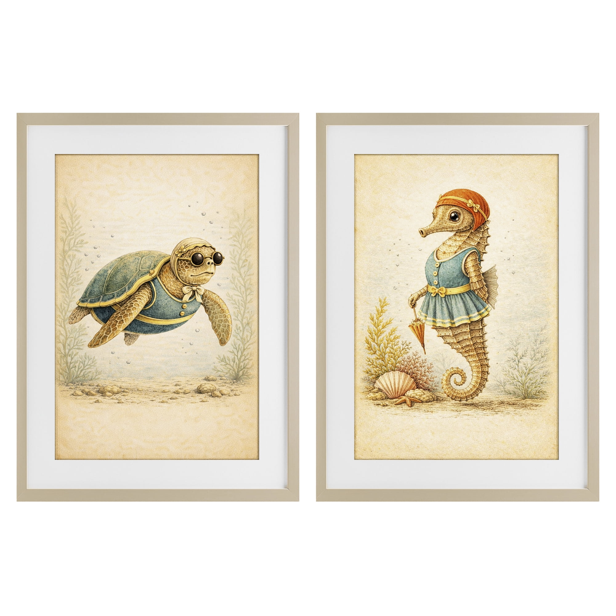 Stupell Industries Vintage Maritime Bathing Animals 2 Piece Birch Framed Print Under Glass Set, design by Grotto Studios