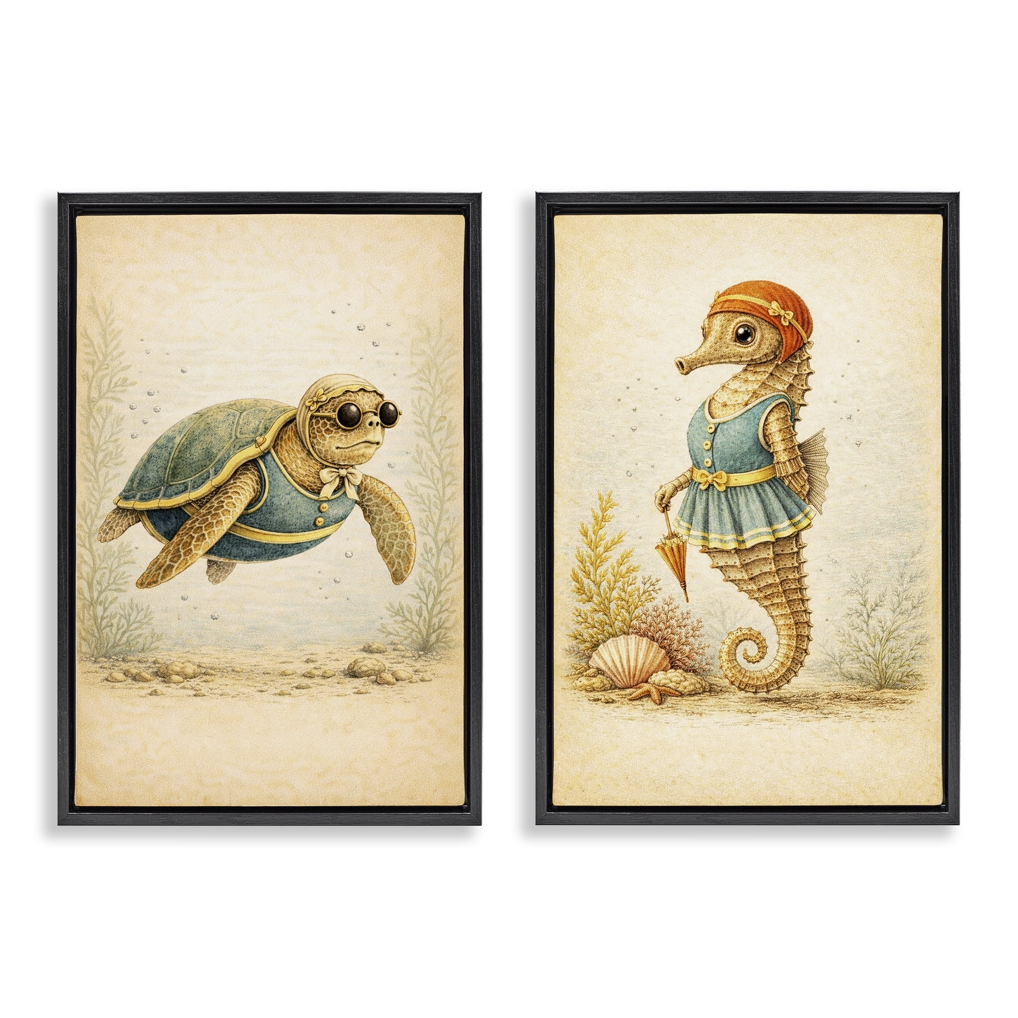 Stupell Industries Vintage Maritime Bathing Animals 2 Piece Black Framed Floater Canvas Set, design by Grotto Studios