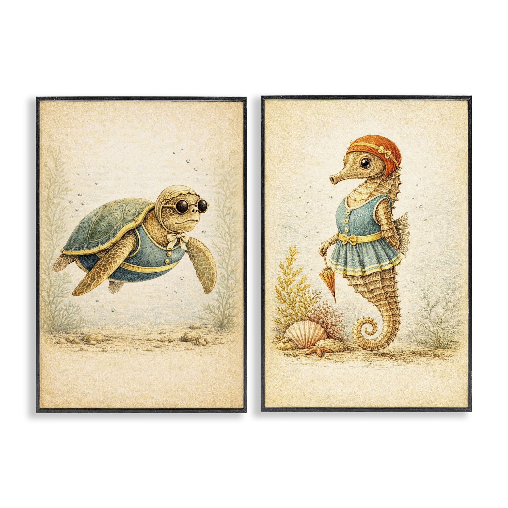 Stupell Industries Vintage Maritime Bathing Animals 2 Piece Black Framed Giclee Art Set, design by Grotto Studios