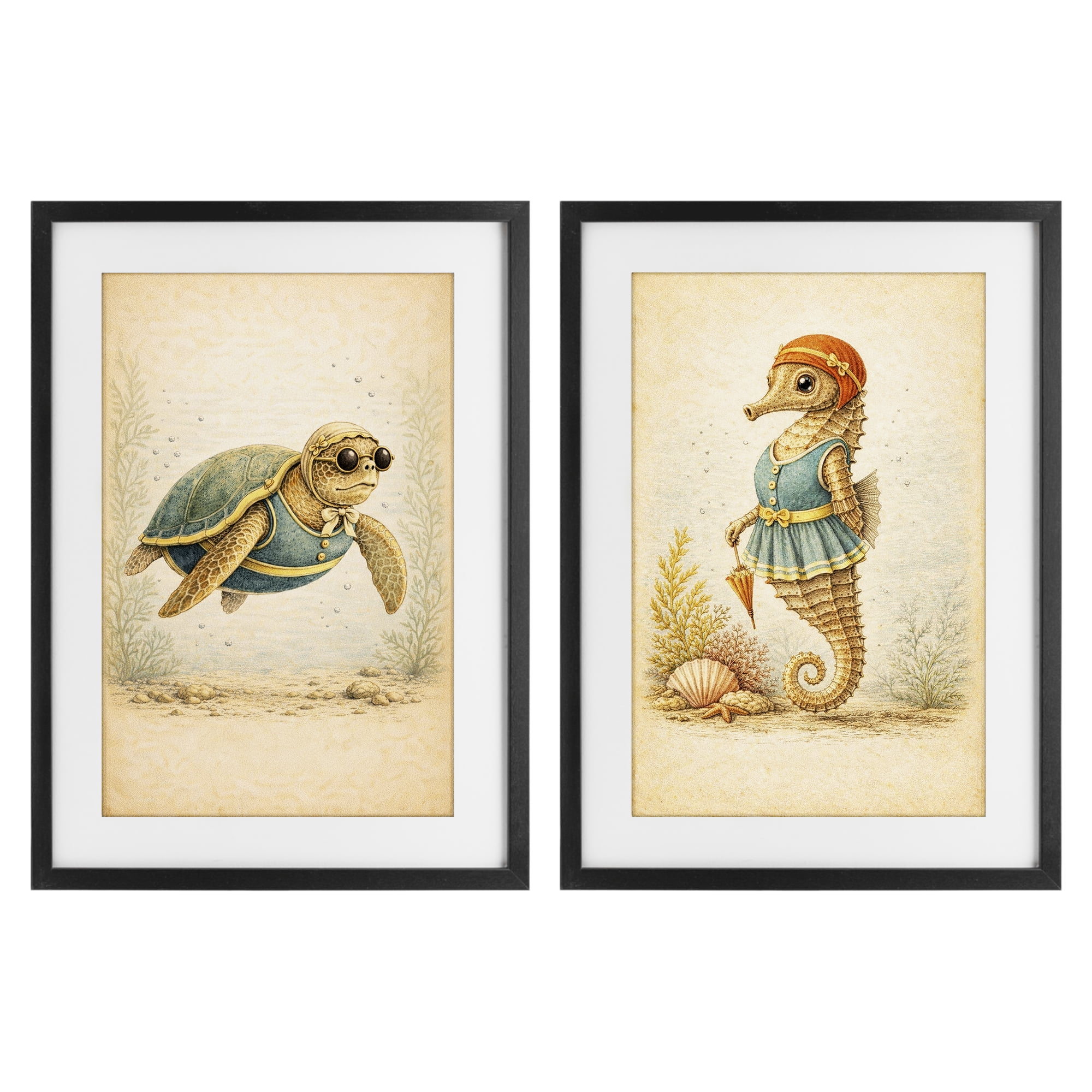 Stupell Industries Vintage Maritime Bathing Animals 2 Piece Black Framed Print Under Glass Set, design by Grotto Studios