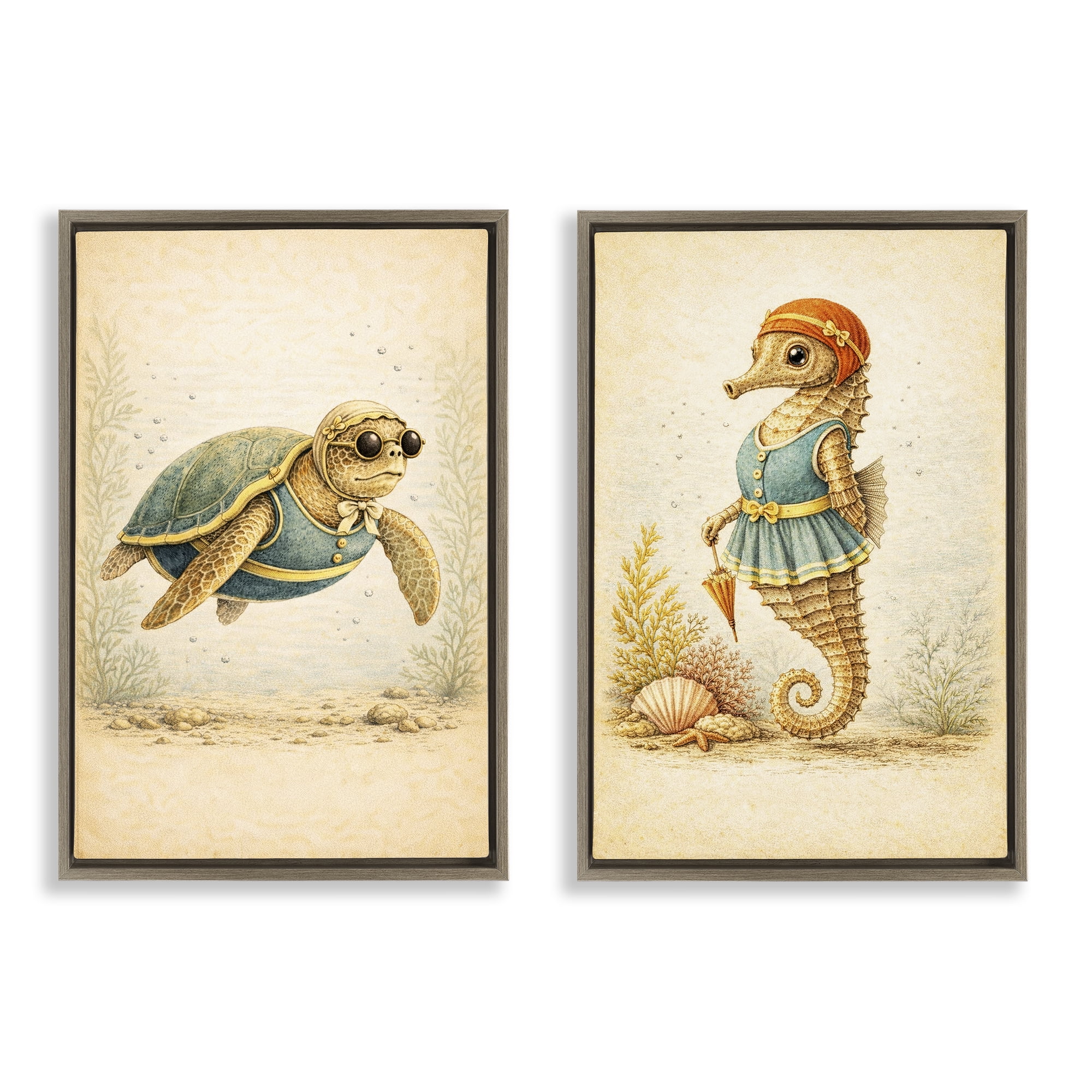 Stupell Industries Vintage Maritime Bathing Animals 2 Piece Brown Framed Floater Canvas Set, design by Grotto Studios