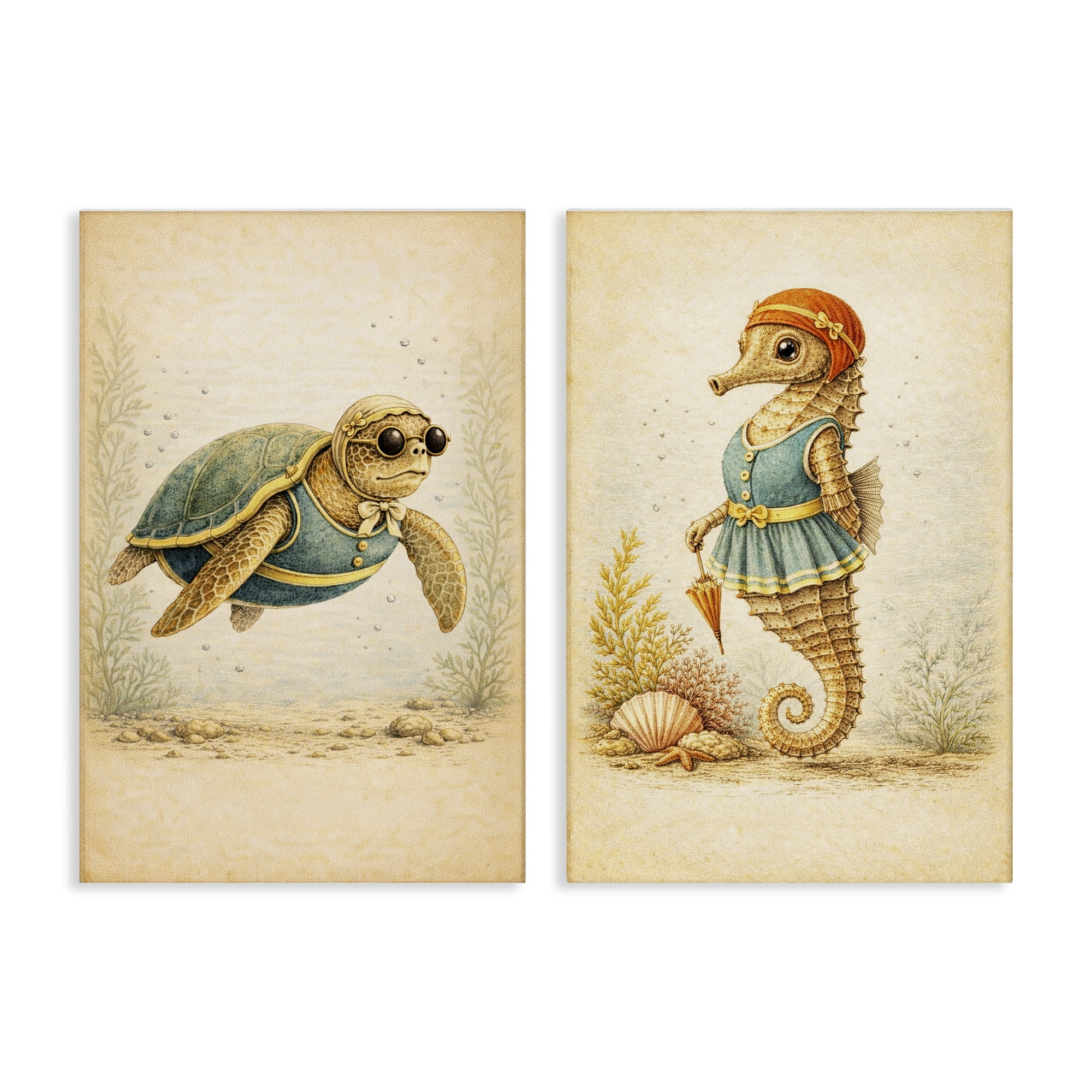 Stupell Industries Vintage Maritime Bathing Animals 2 Piece Canvas Wall Art Set, design by Grotto Studios