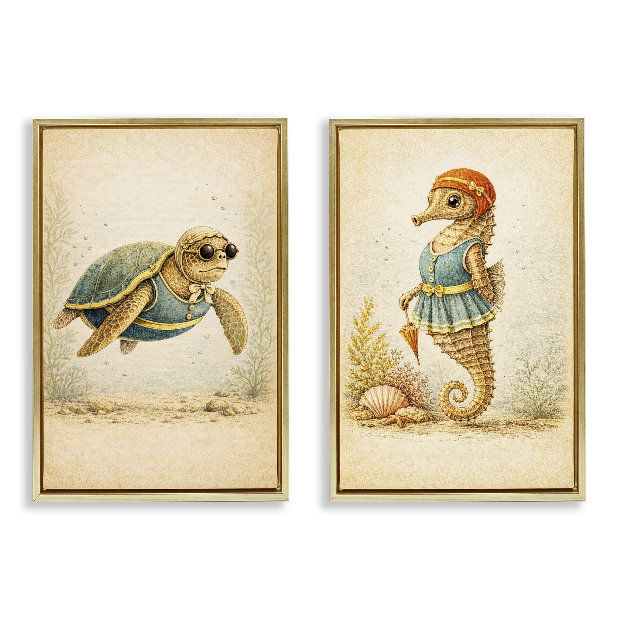 Stupell Industries Vintage Maritime Bathing Animals 2 Piece Gold Framed Floater Canvas Set, design by Grotto Studios