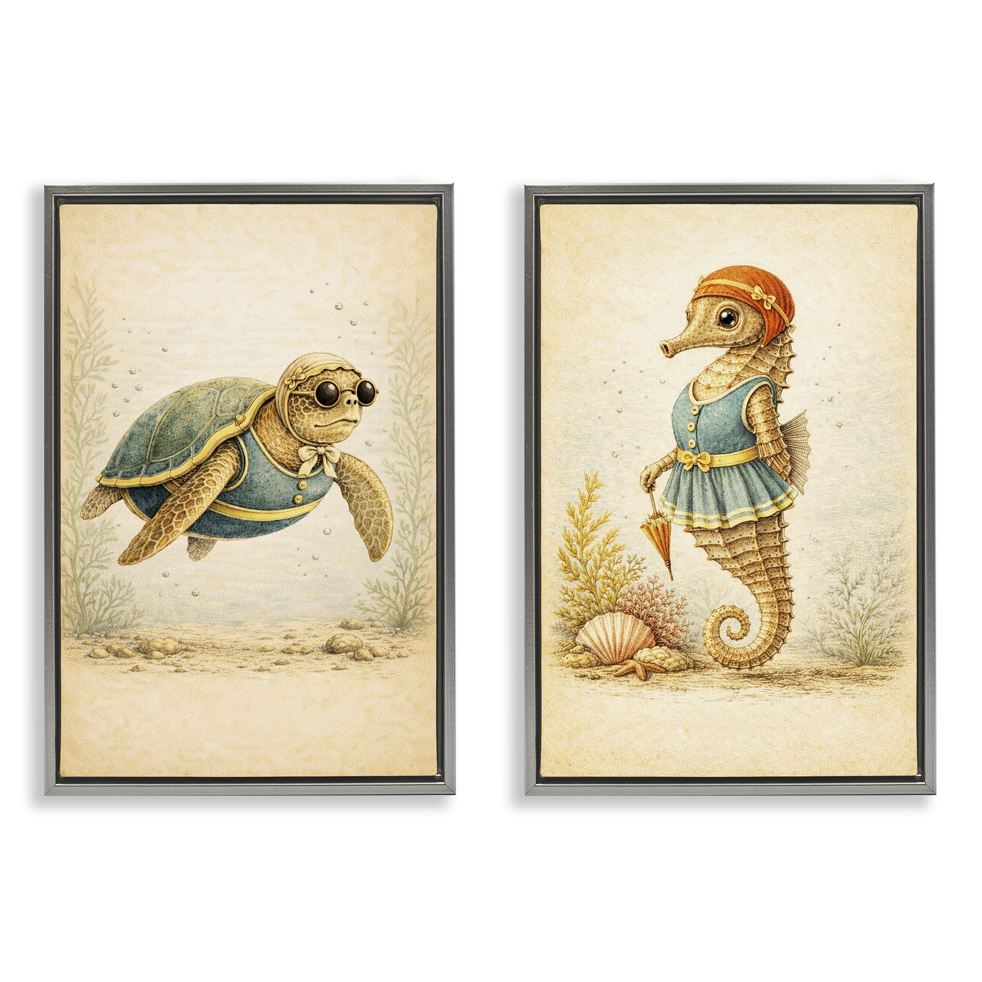 Stupell Industries Vintage Maritime Bathing Animals 2 Piece Gray Framed Floater Canvas Set, design by Grotto Studios