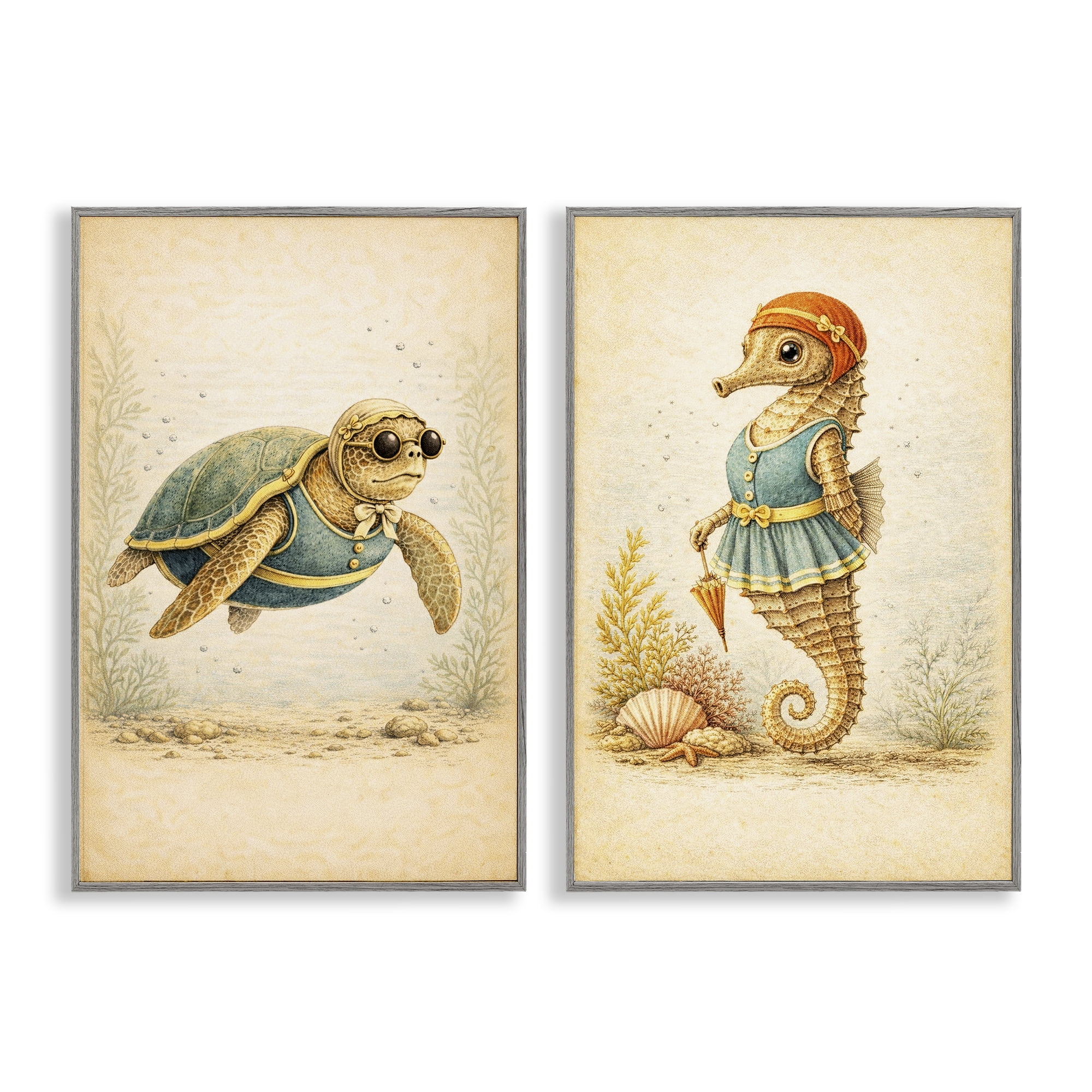 Stupell Industries Vintage Maritime Bathing Animals 2 Piece Gray Framed Giclee Art Set, design by Grotto Studios