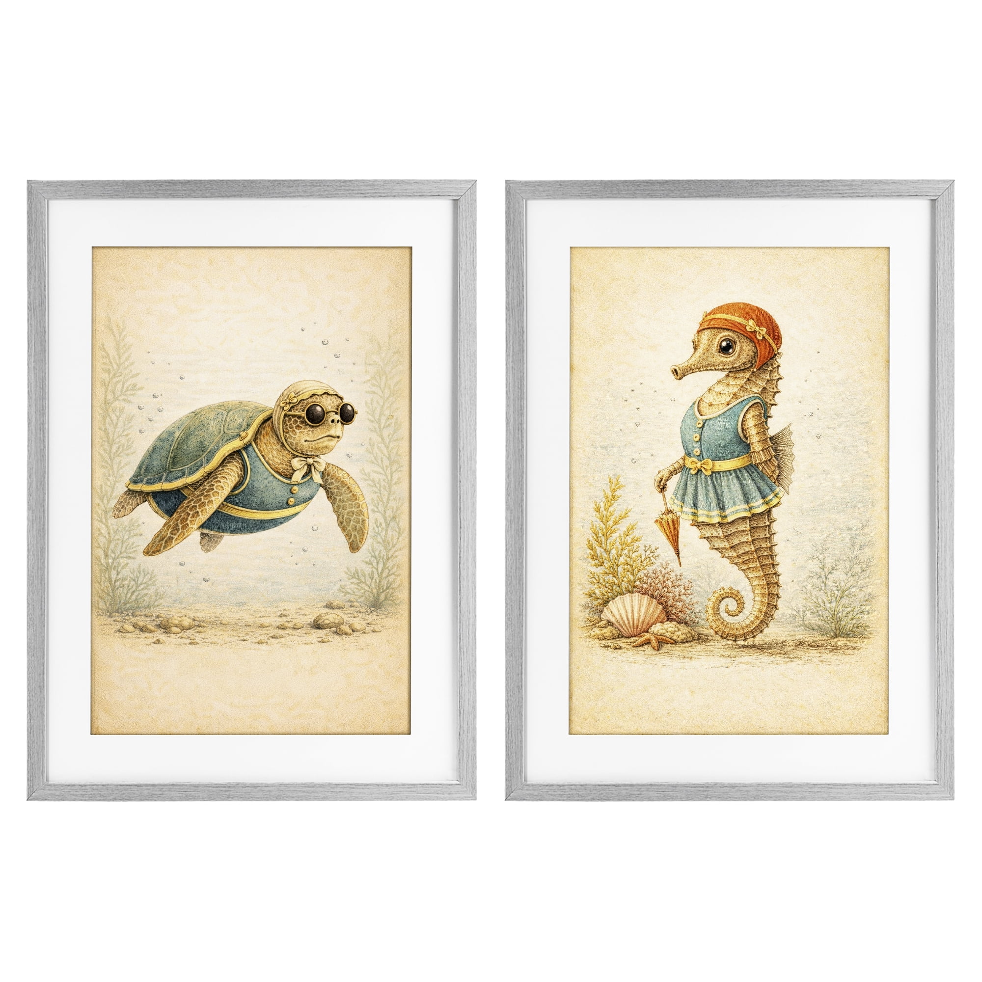 Stupell Industries Vintage Maritime Bathing Animals 2 Piece Gray Framed Print Under Glass Set, design by Grotto Studios