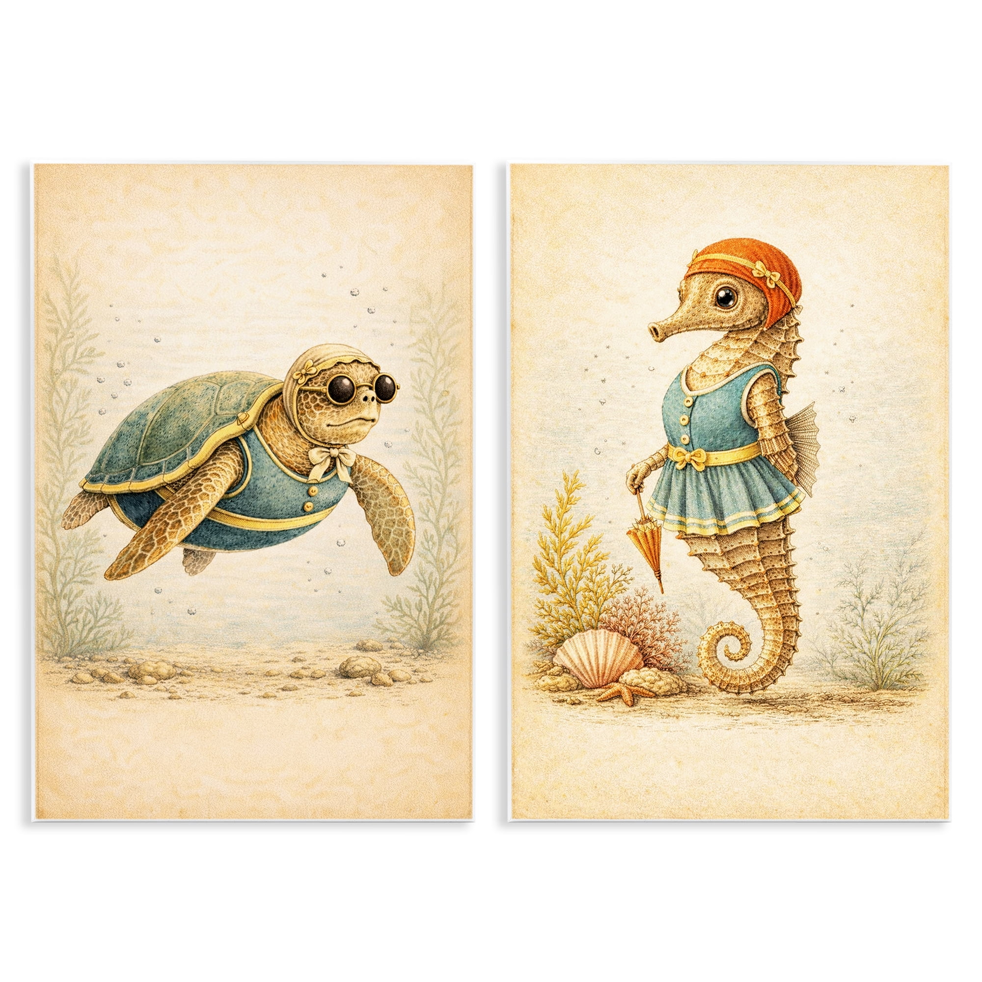 Stupell Industries Vintage Maritime Bathing Animals 2 Piece Wall Plaque Art Set, design by Grotto Studios