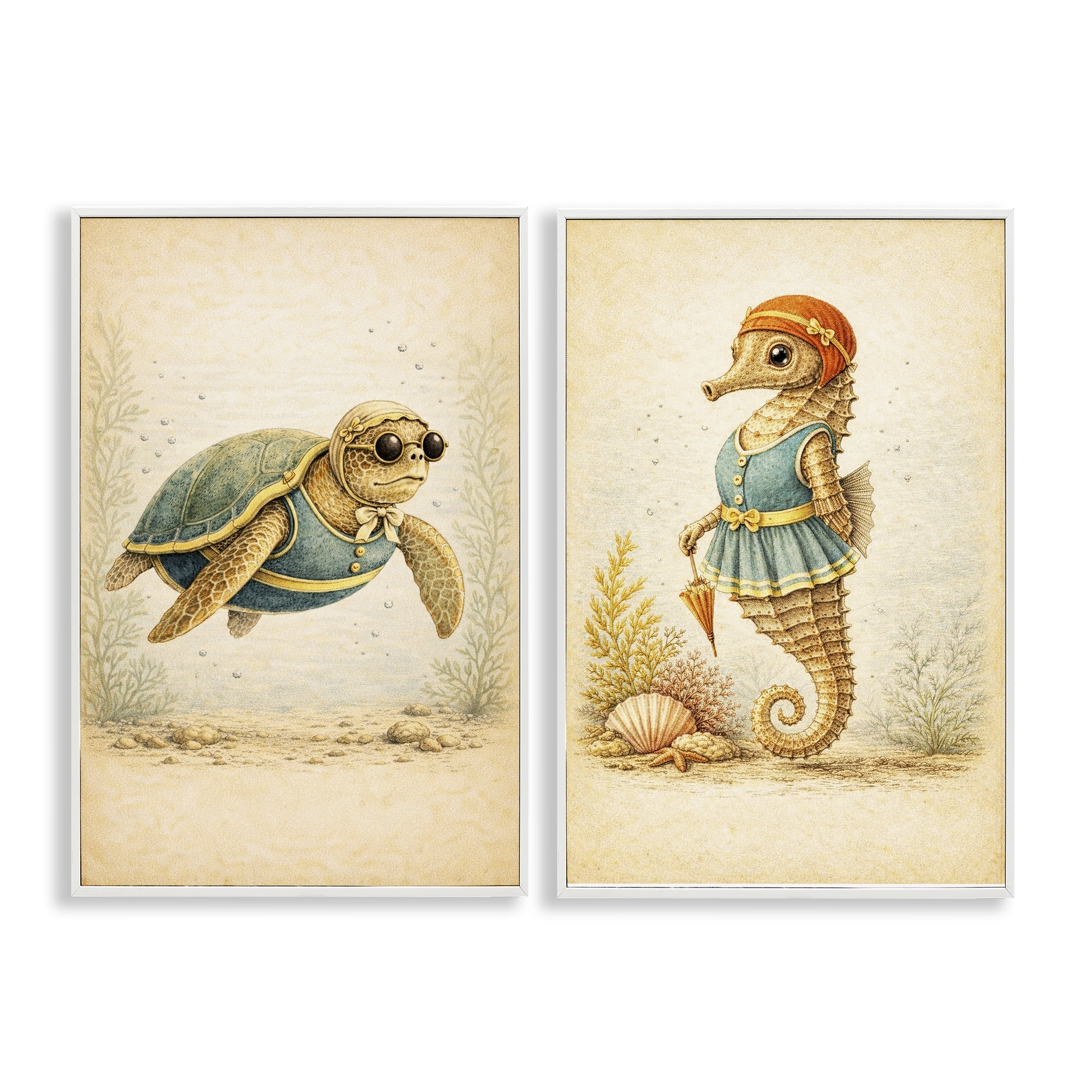Stupell Industries Vintage Maritime Bathing Animals 2 Piece White Framed Giclee Art Set, design by Grotto Studios