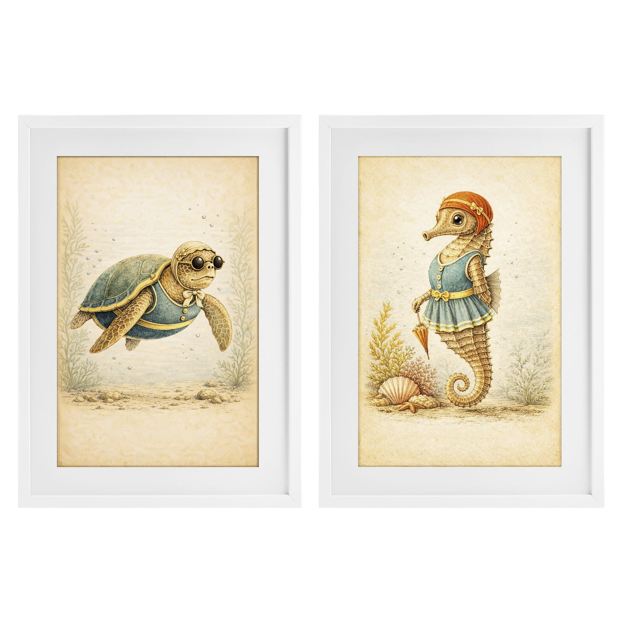 Stupell Industries Vintage Maritime Bathing Animals 2 Piece White Framed Print Under Glass Set, design by Grotto Studios