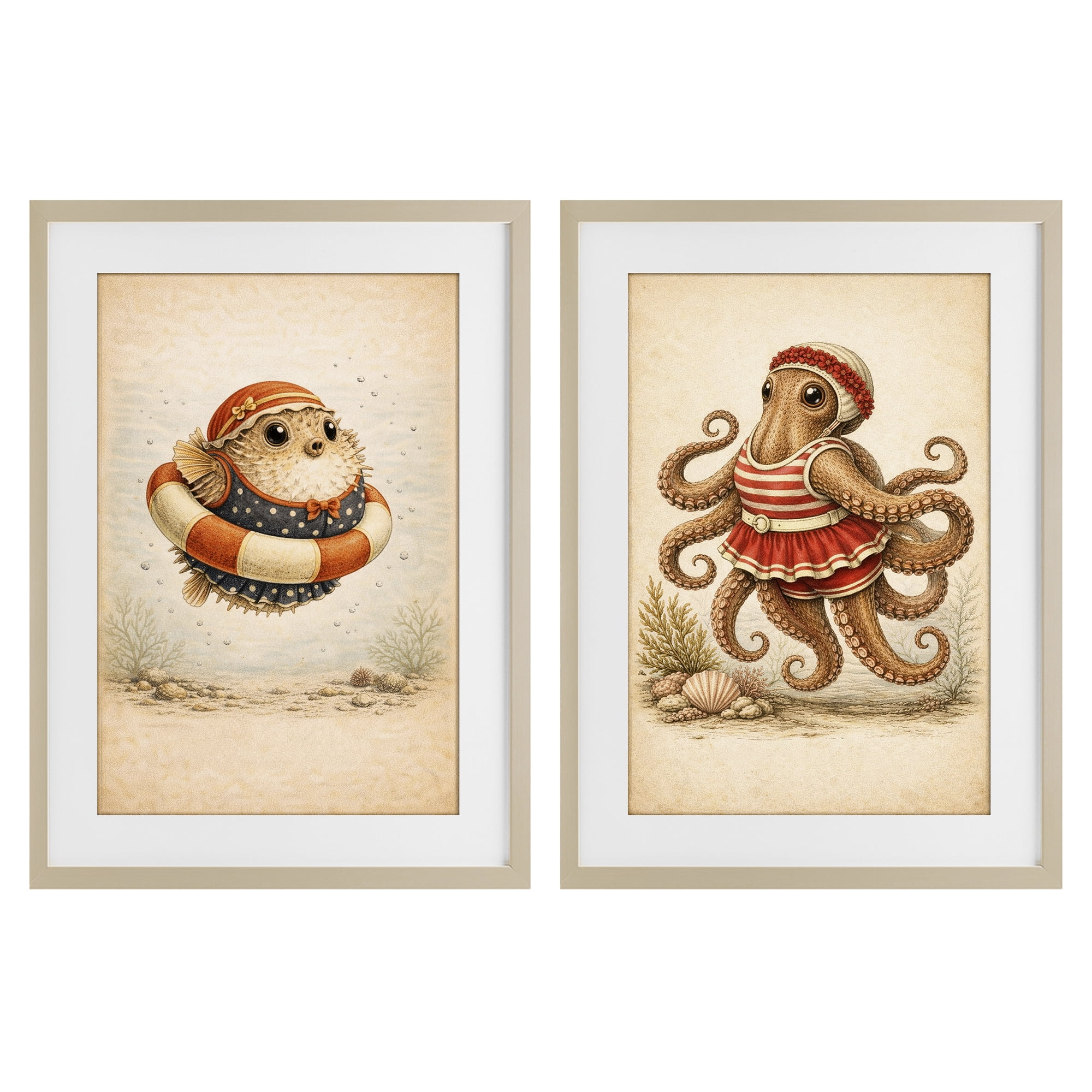 Stupell Industries Vintage Maritime Bathing Creatures 2 Piece Birch Framed Print Under Glass Set, design by Grotto Studios