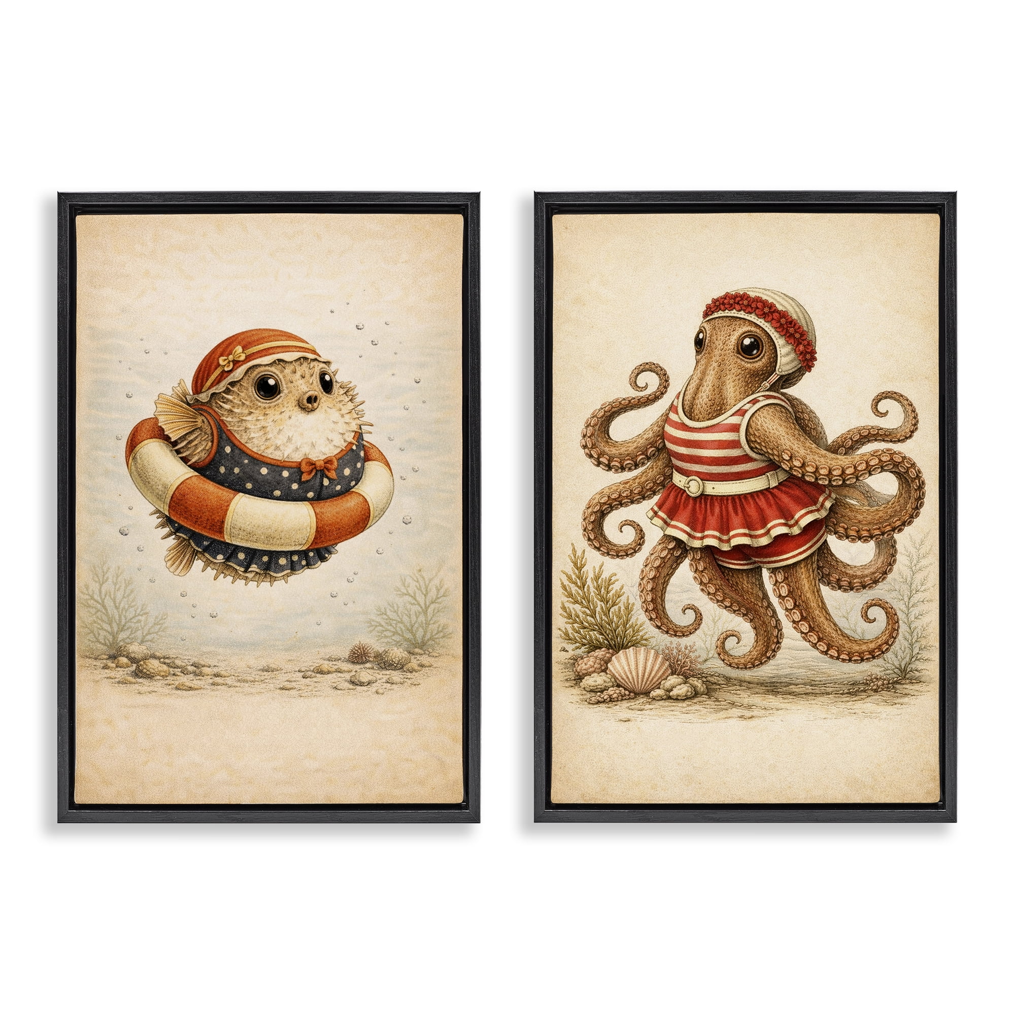 Stupell Industries Vintage Maritime Bathing Creatures 2 Piece Black Framed Floater Canvas Set, design by Grotto Studios
