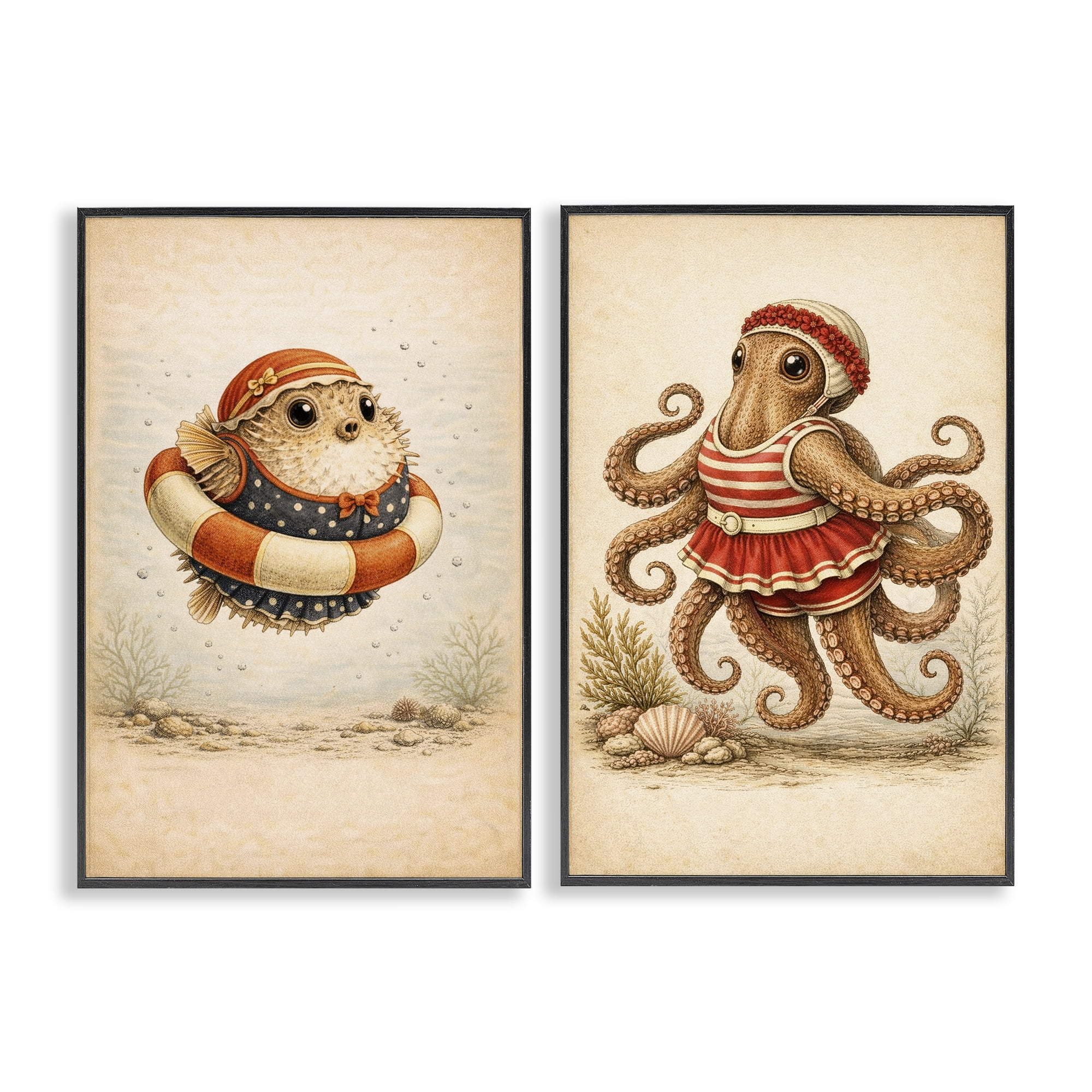 Stupell Industries Vintage Maritime Bathing Creatures 2 Piece Black Framed Giclee Art Set, design by Grotto Studios