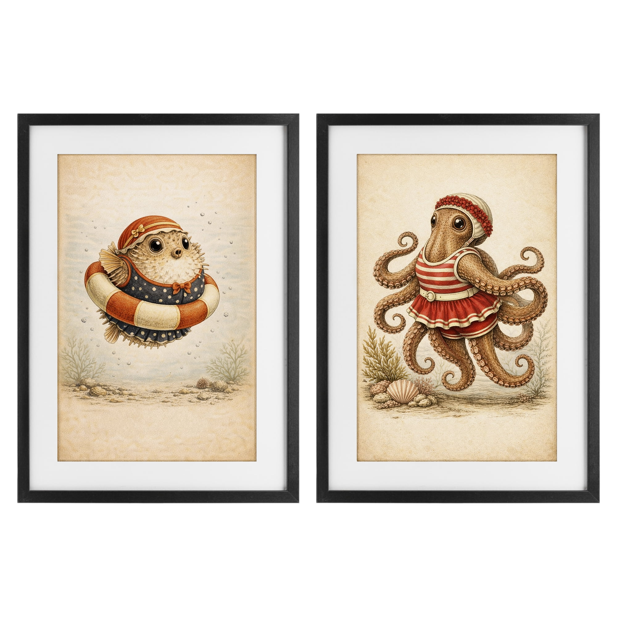 Stupell Industries Vintage Maritime Bathing Creatures 2 Piece Black Framed Print Under Glass Set, design by Grotto Studios