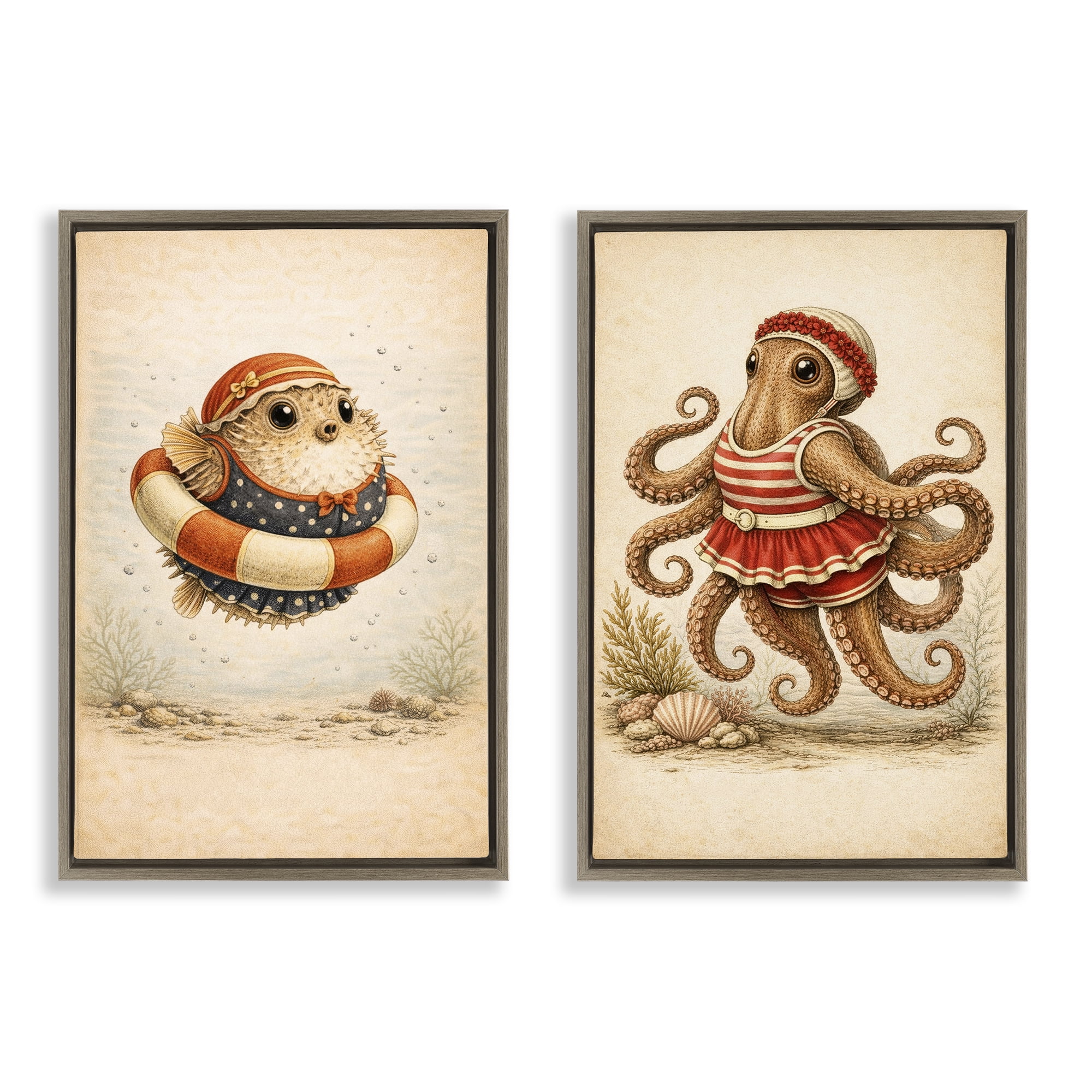 Stupell Industries Vintage Maritime Bathing Creatures 2 Piece Brown Framed Floater Canvas Set, design by Grotto Studios