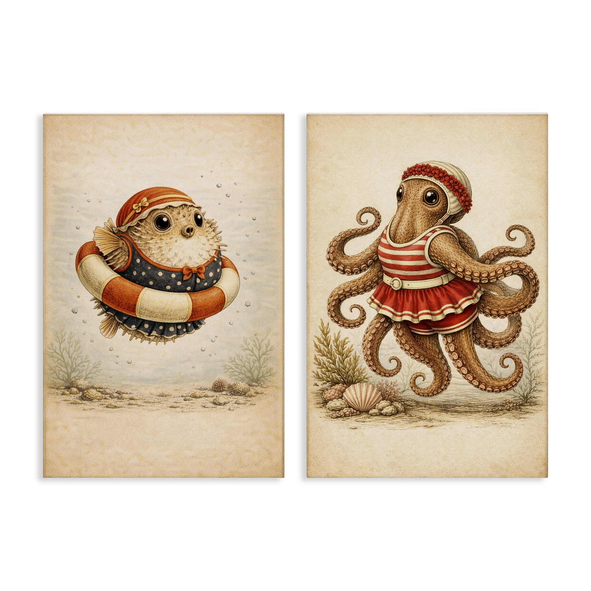 Stupell Industries Vintage Maritime Bathing Creatures 2 Piece Canvas Wall Art Set, design by Grotto Studios