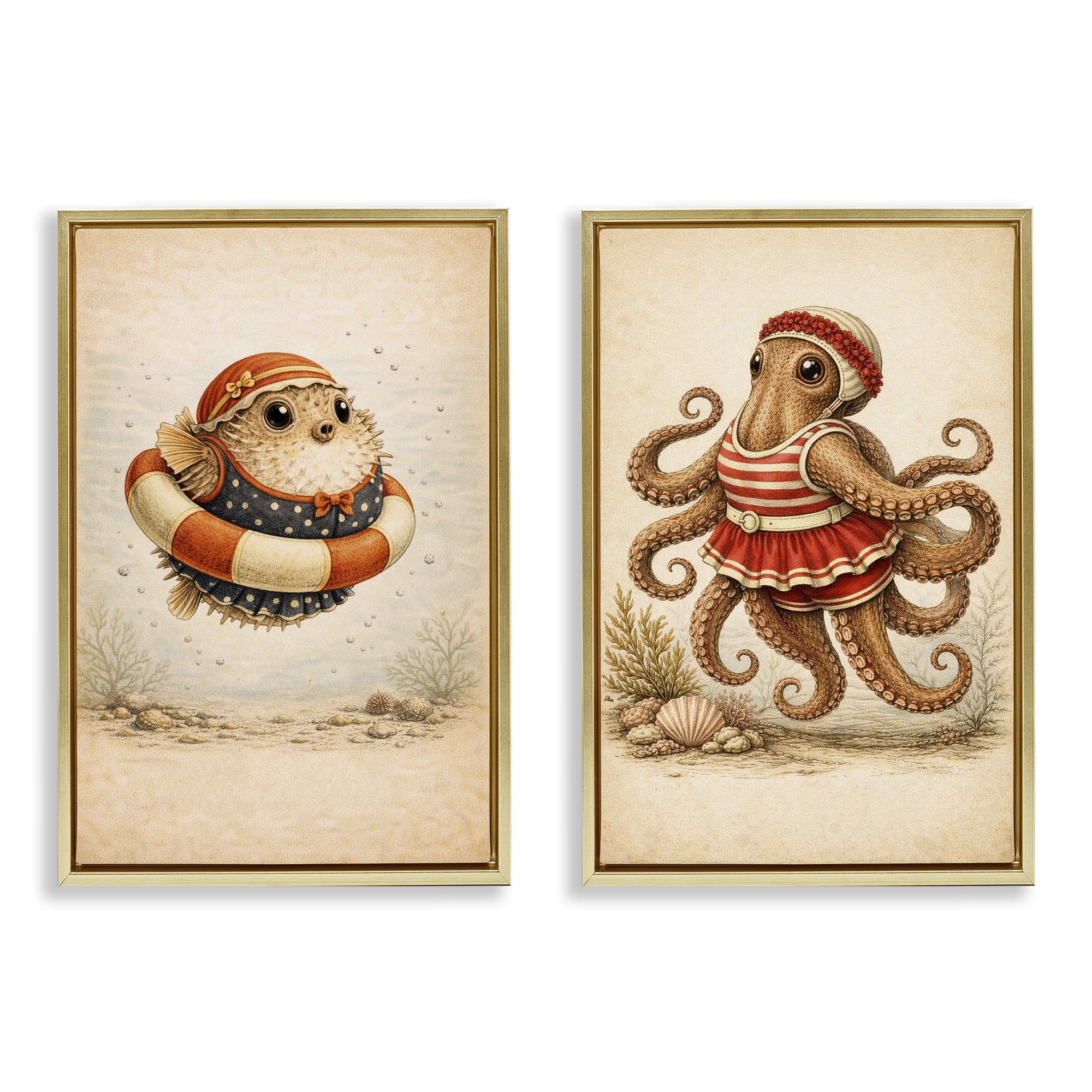 Stupell Industries Vintage Maritime Bathing Creatures 2 Piece Gold Framed Floater Canvas Set, design by Grotto Studios