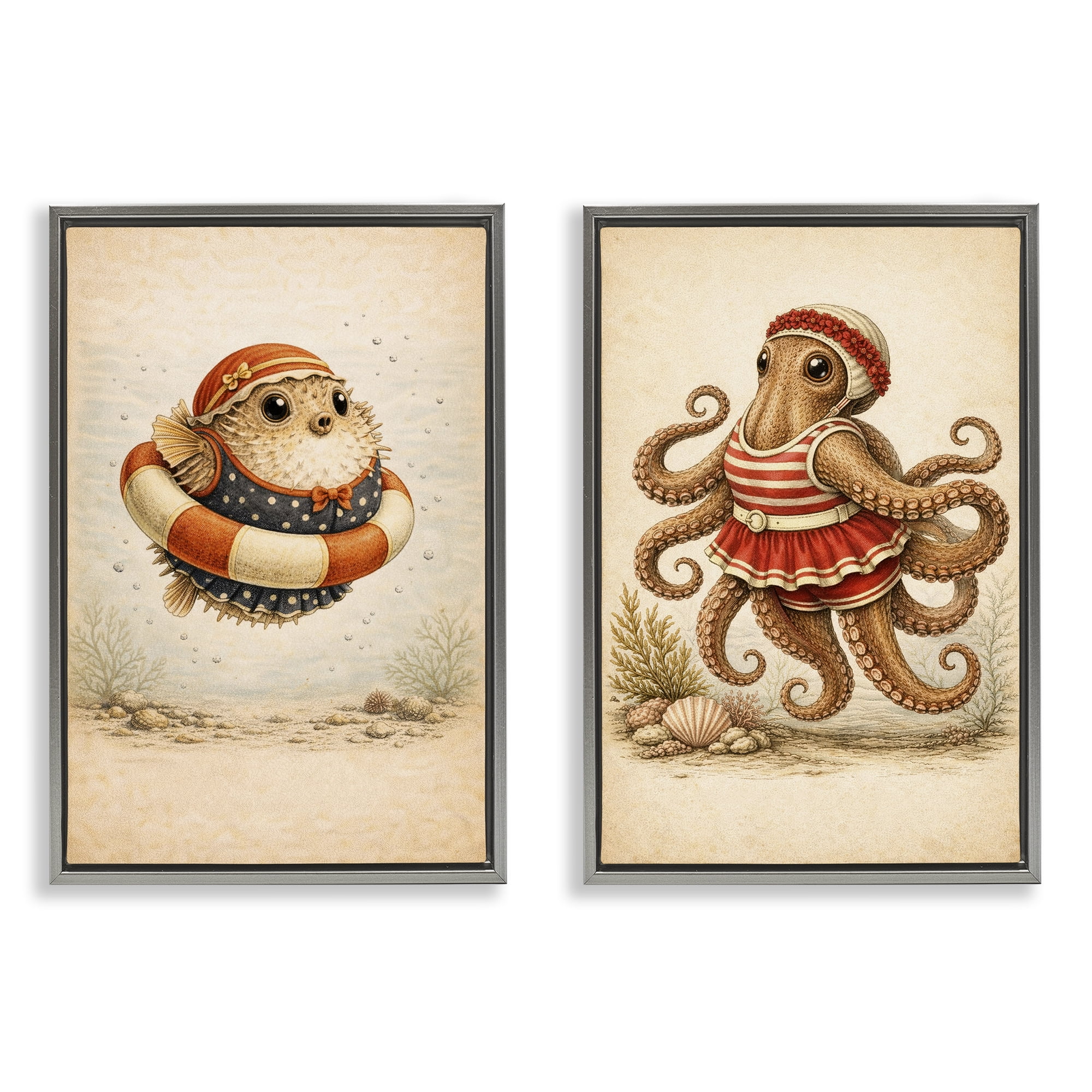 Stupell Industries Vintage Maritime Bathing Creatures 2 Piece Gray Framed Floater Canvas Set, design by Grotto Studios