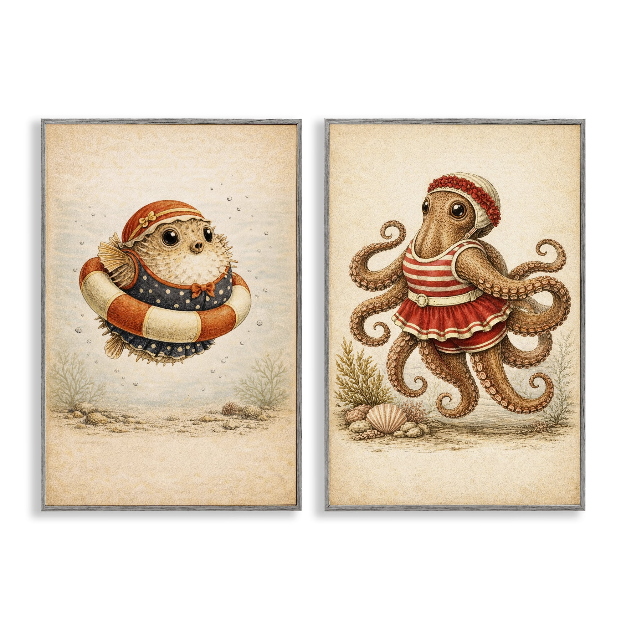 Stupell Industries Vintage Maritime Bathing Creatures 2 Piece Gray Framed Giclee Art Set, design by Grotto Studios