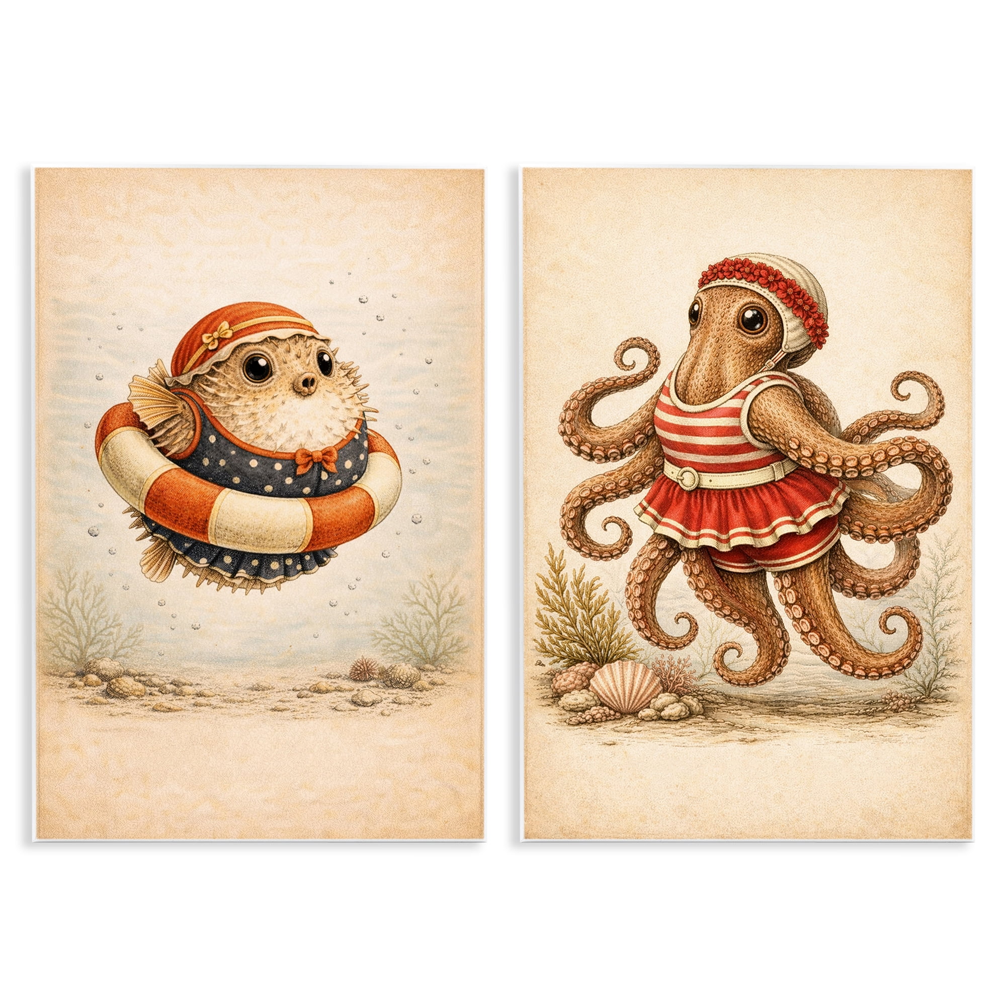 Stupell Industries Vintage Maritime Bathing Creatures 2 Piece Wall Plaque Art Set, design by Grotto Studios