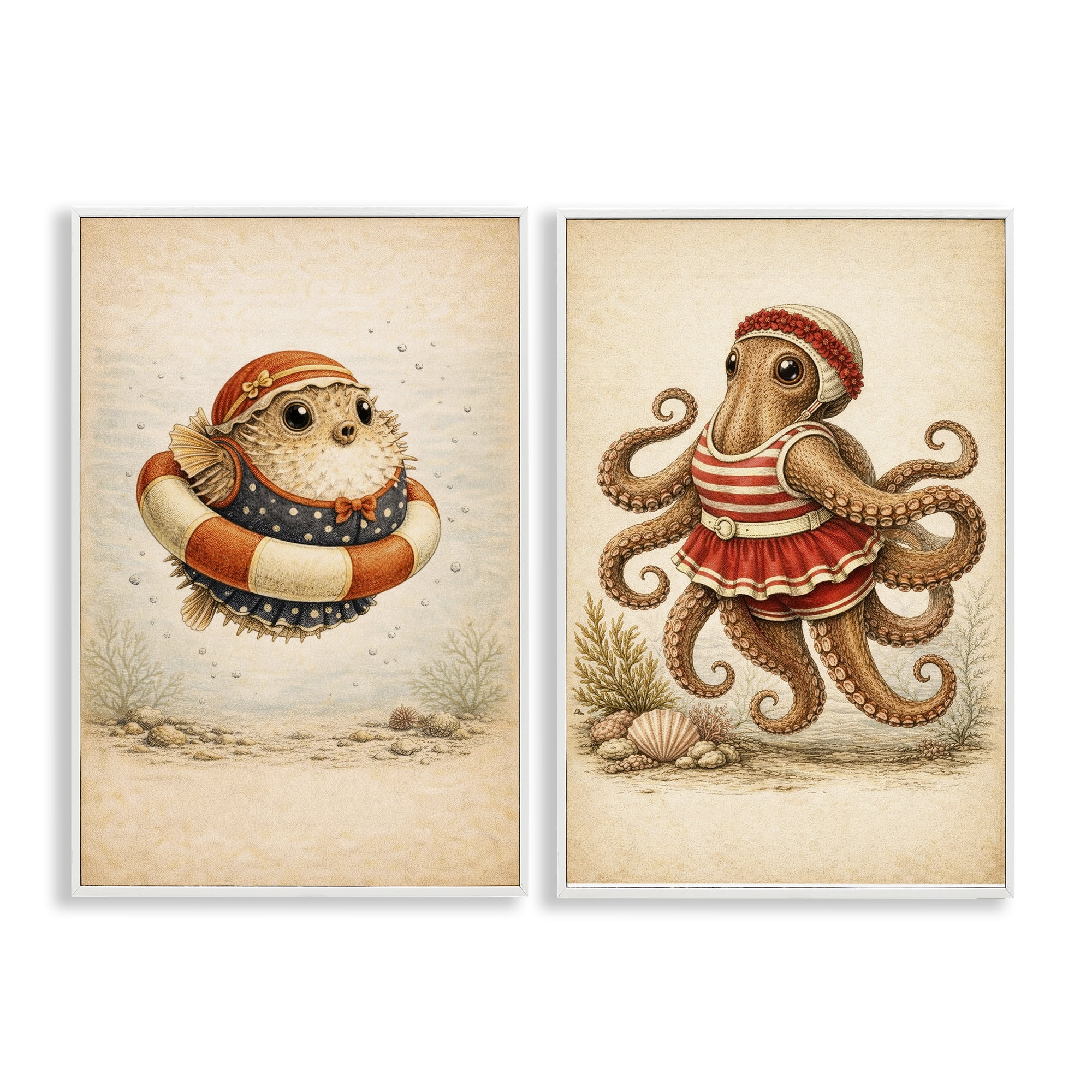 Stupell Industries Vintage Maritime Bathing Creatures 2 Piece White Framed Giclee Art Set, design by Grotto Studios