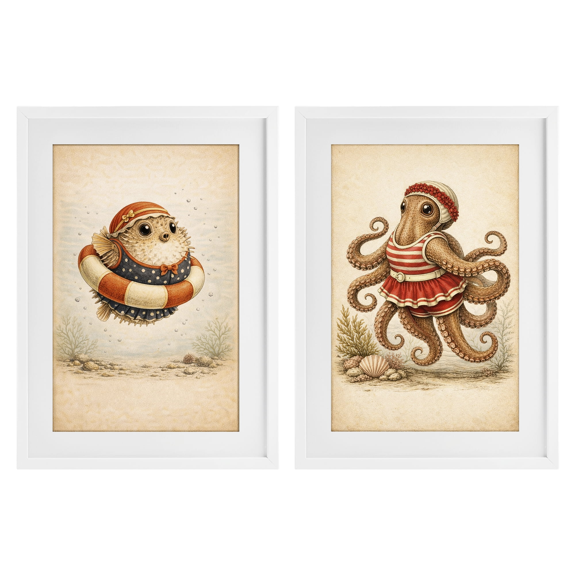 Stupell Industries Vintage Maritime Bathing Creatures 2 Piece White Framed Print Under Glass Set, design by Grotto Studios