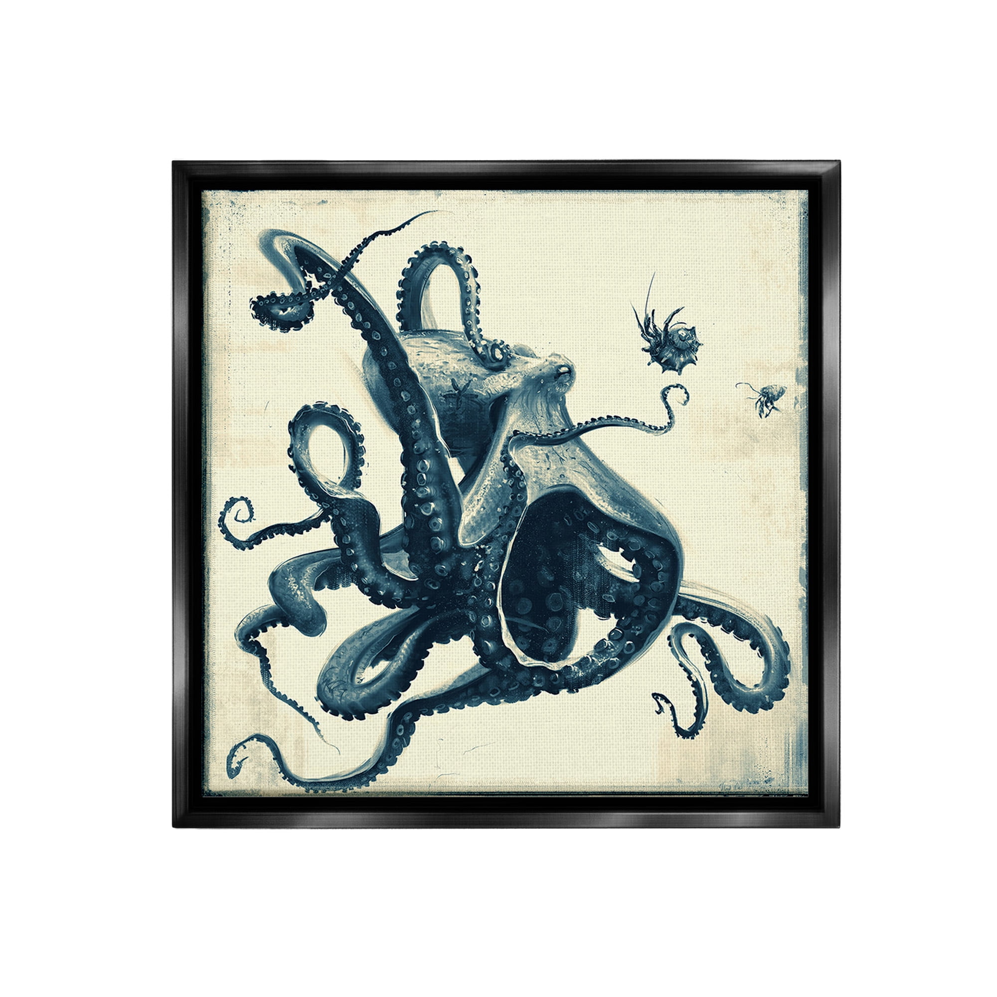 Stupell Industries Vintage Maritime Octopus Animals & Insects Painting Black Floater Framed Canvas Art Print Wall Art, 18 x 18