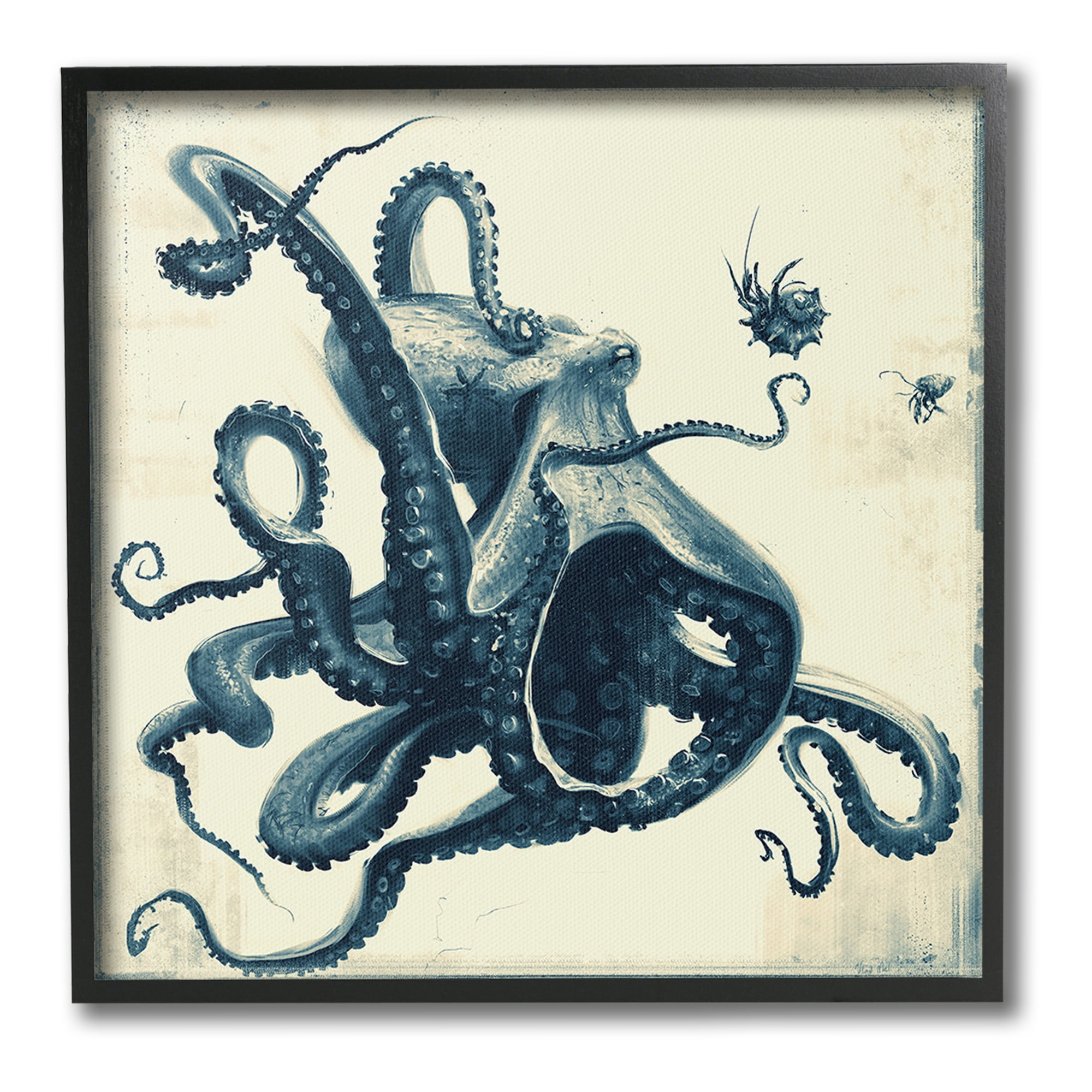Stupell Industries Vintage Maritime Octopus Animals & Insects Painting Black Framed Art Print Wall Art, 12 x 12