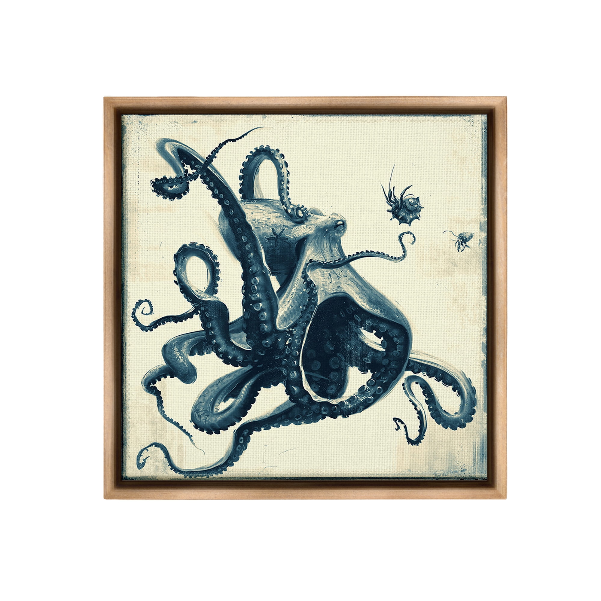 Stupell Industries Vintage Maritime Octopus Animals & Insects Painting Brown Floater Framed Canvas Art Print Wall Art, 25 x 25