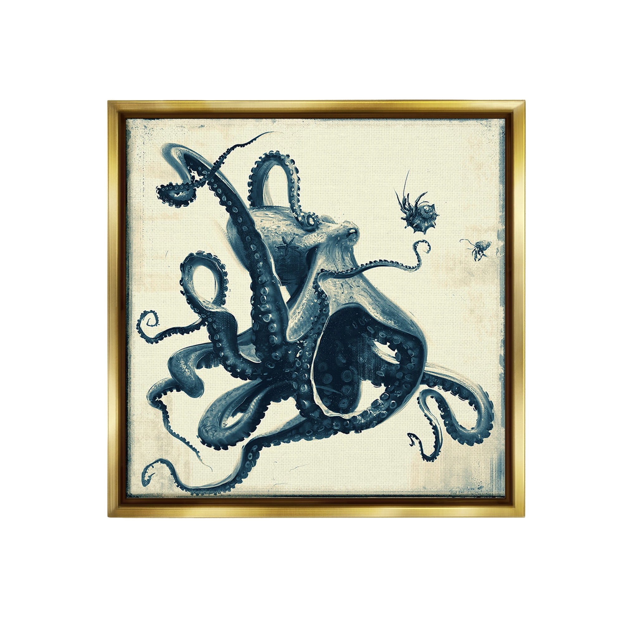 Stupell Industries Vintage Maritime Octopus Animals & Insects Painting Gold Floater Framed Canvas Art Print Wall Art, 25 x 25