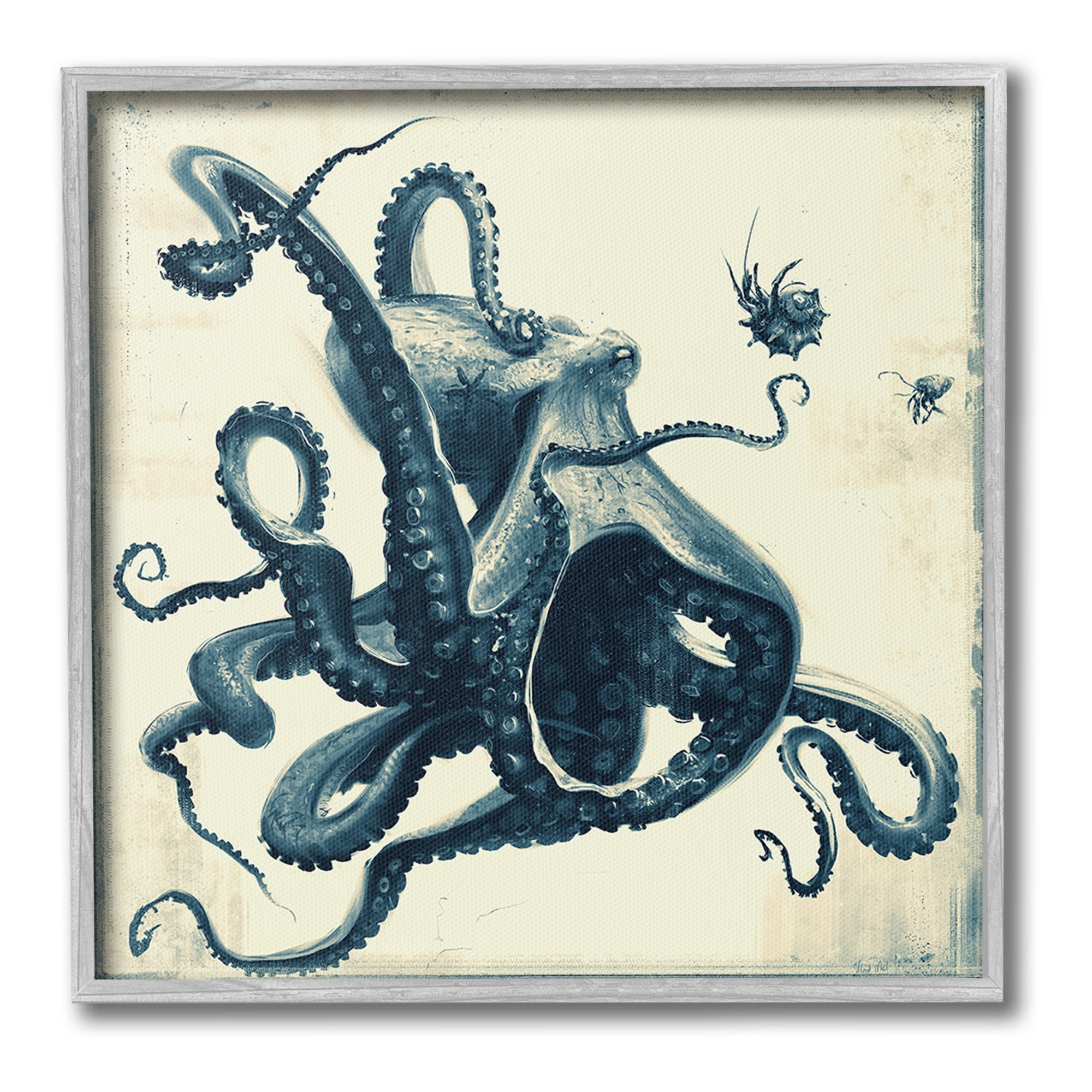 Stupell Industries Vintage Maritime Octopus Animals & Insects Painting Gray Framed Art Print Wall Art, 12 x 12