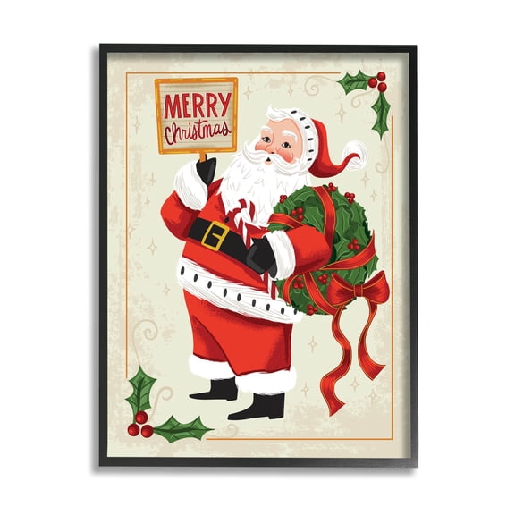 Stupell Industries Vintage Merry Christmas Santa Graphic Art Black Framed Art Print Wall Art, Design by Arrolynn Weiderhold