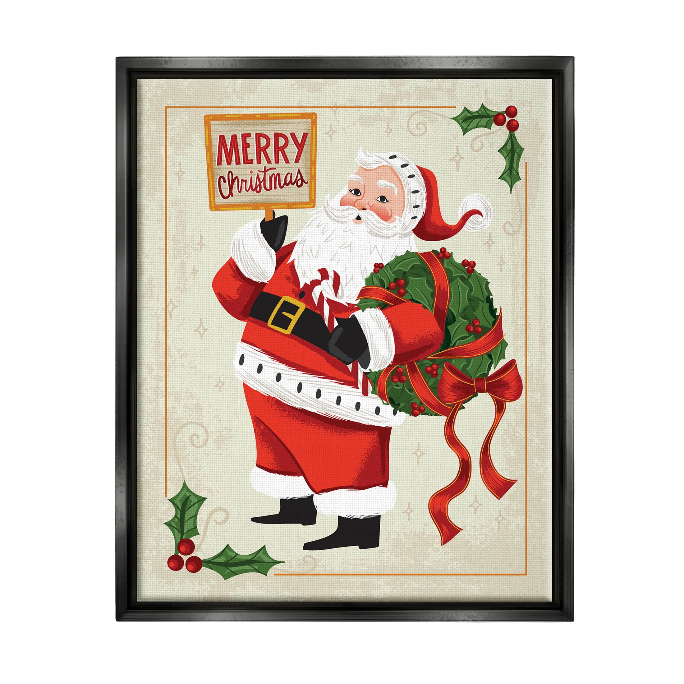 Stupell Industries Vintage Merry Christmas Santa Graphic Art Jet Black Floating Framed Canvas Print Wall Art, Design by Arrolynn Weiderhold