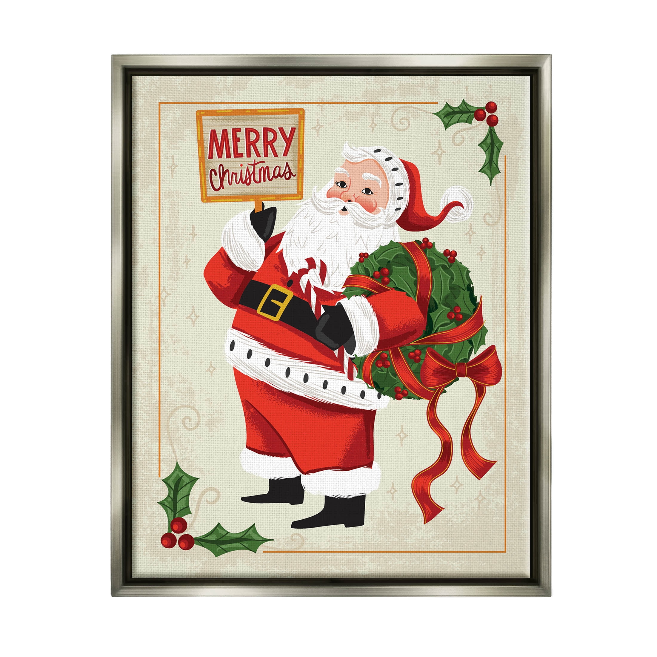 Stupell Industries Vintage Merry Christmas Santa Graphic Art Luster Gray Floating Framed Canvas Print Wall Art, Design by Arrolynn Weiderhold