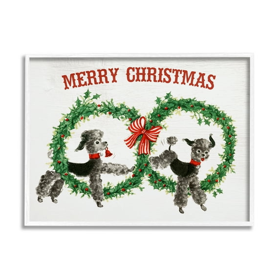 Stupell Industries Vintage Merry Christmas Saying Festive Wreaths Toy Poodles Animals & Insects Painting White Framed Art Print Wall Art, 11 x 14